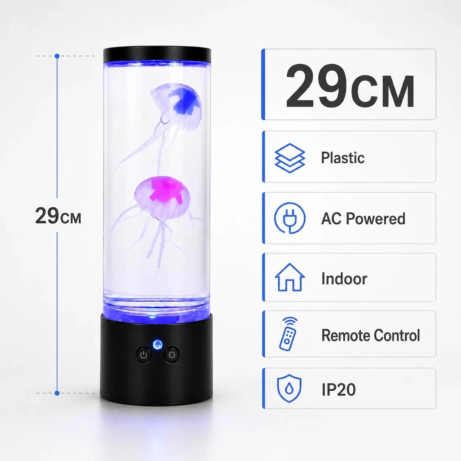 Specification overview image for MX-5013F LED jellyfish lamp showing 29 cm height, DC 4.5V input, AC powered indoor use, and remote control.