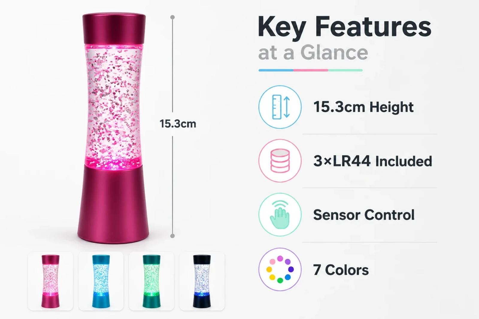 Feature overview image for MX-2014 mini glitter lamp with 15.3 cm height, battery power and color light notes.