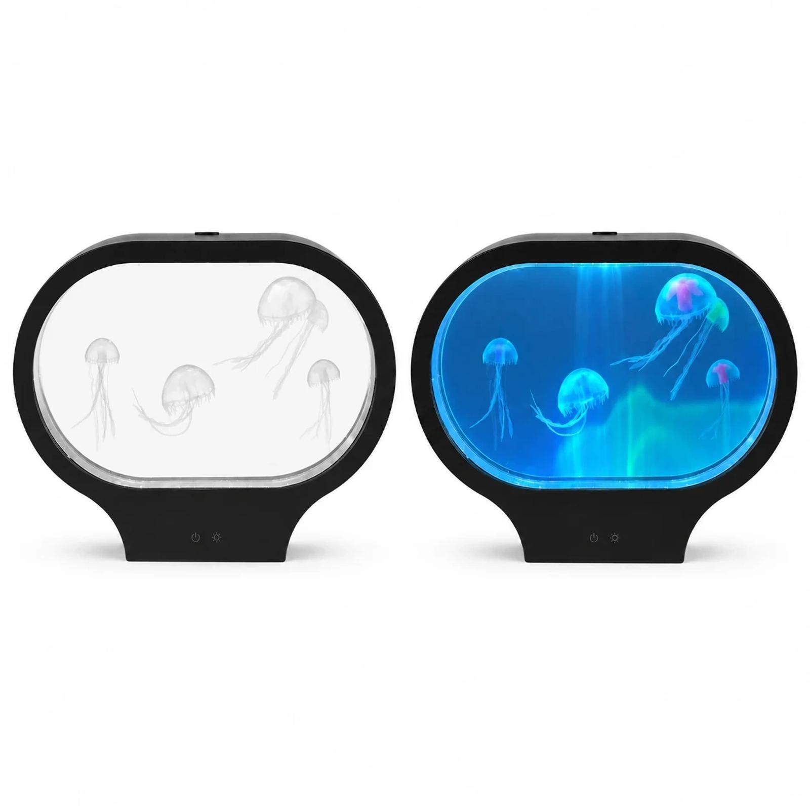 On and off comparison image for the MX-5013O oval LED jellyfish lamp.