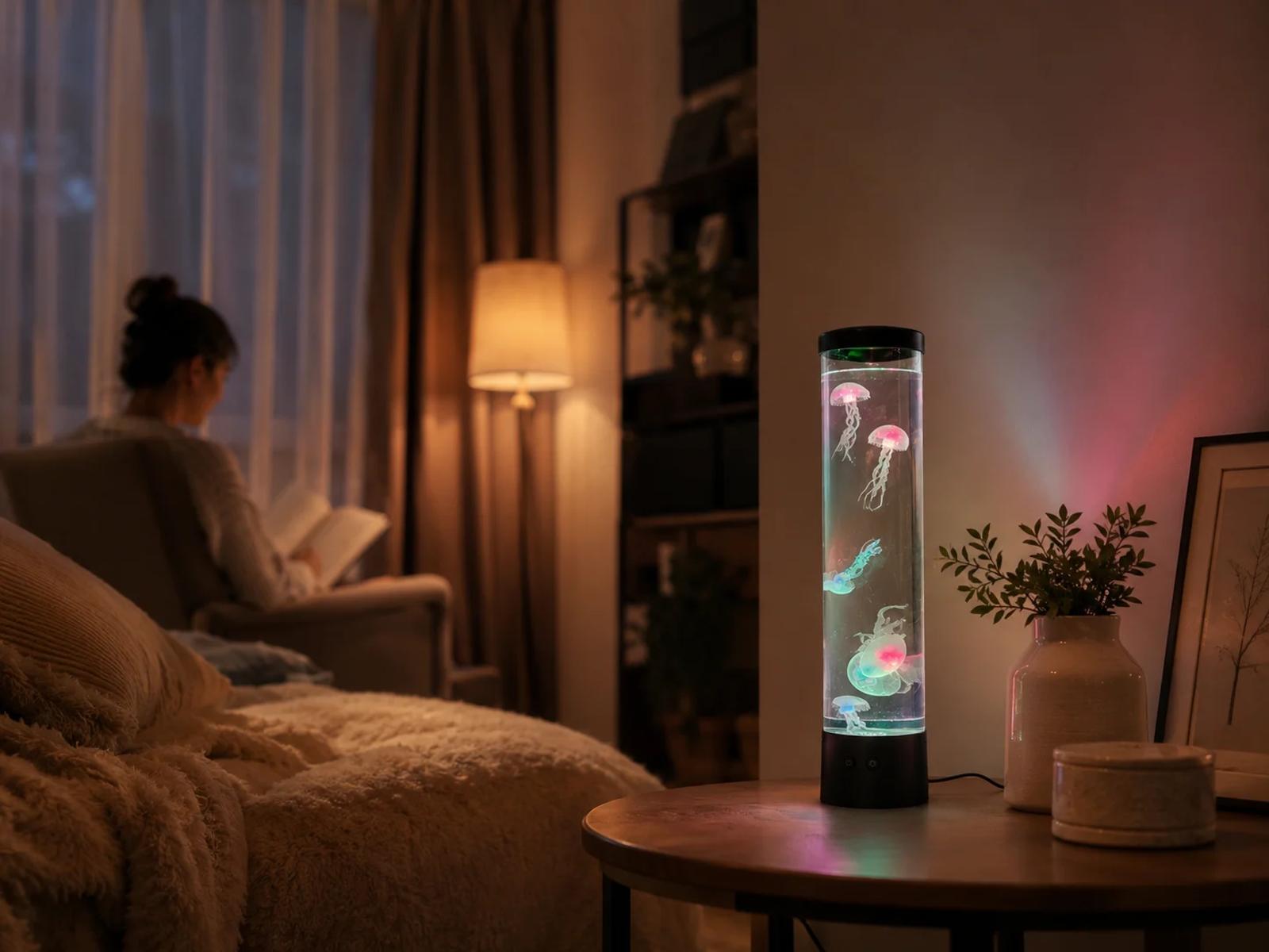 MX-5013B jellyfish night light glowing on a side table in a cozy bedroom with a relaxed reading scene.