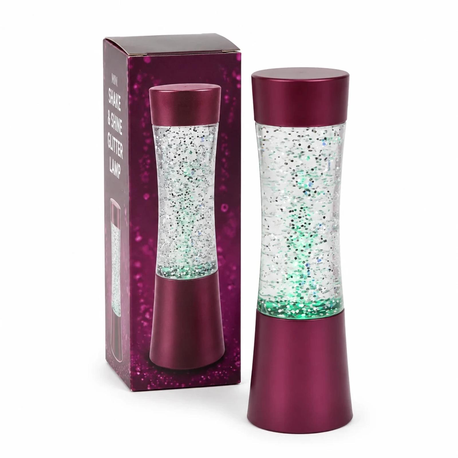 MX-2014 mini glitter lamp shown with retail packaging for gift and wholesale display.