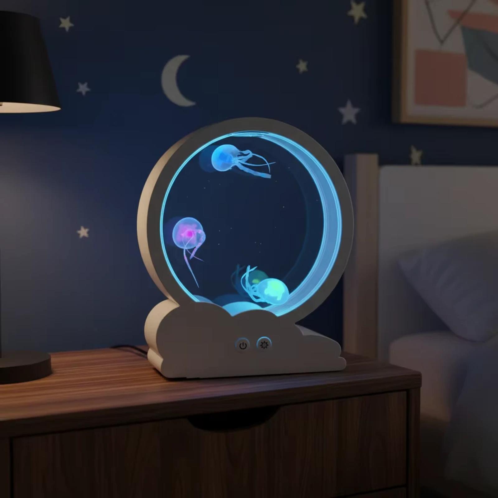 MX-5013C jellyfish lamp with blue glow placed on a bedside table against a dark blue wall