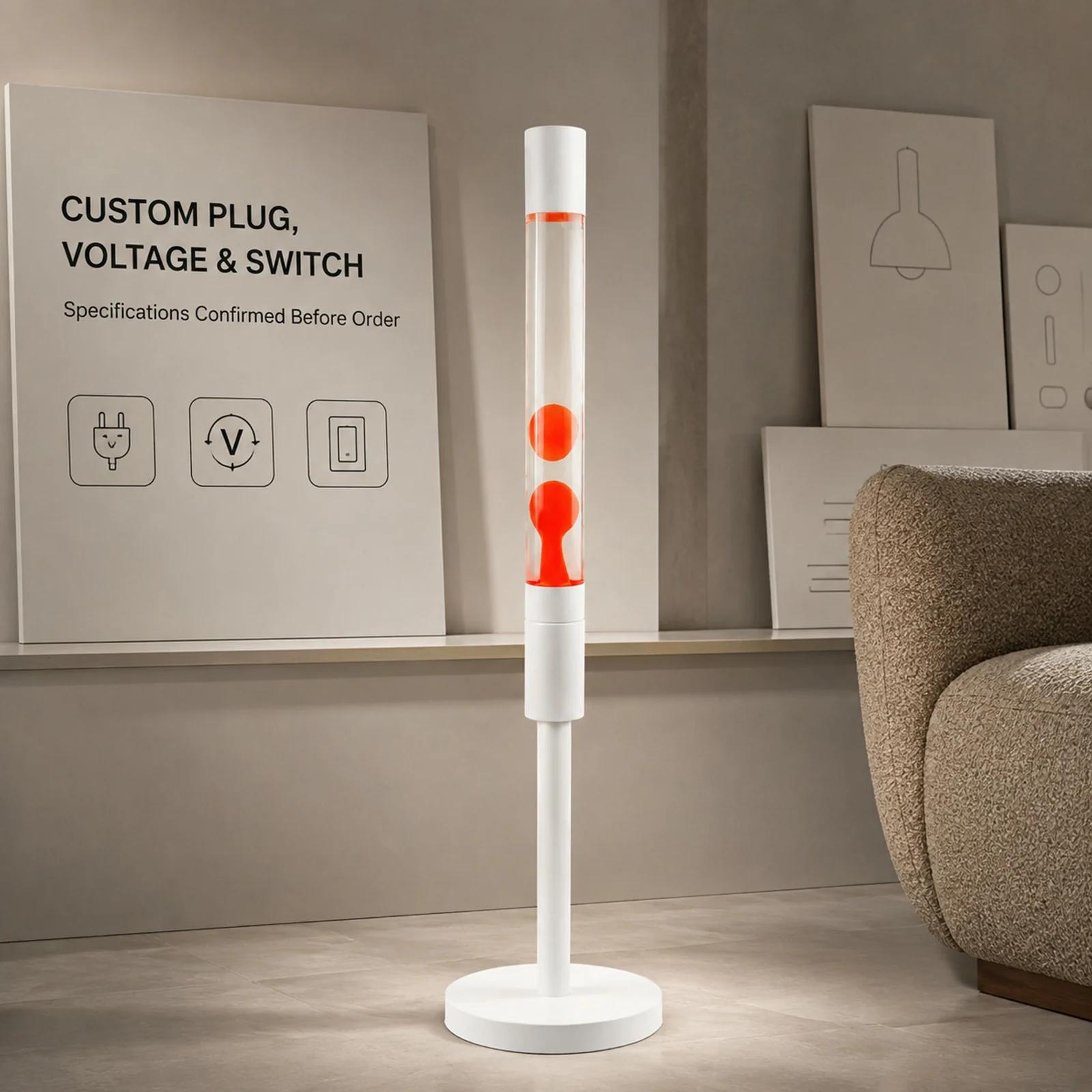 Floor standing lava lamp with buyer-facing plug voltage and switch configuration options
