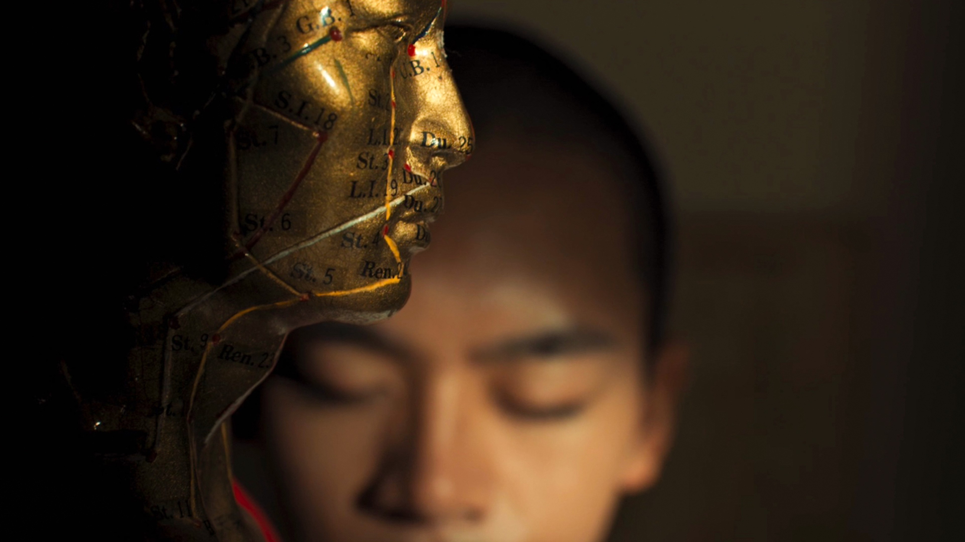 A close-up of a golden anatomical model of a head beside a softly focused person with their eyes closed.