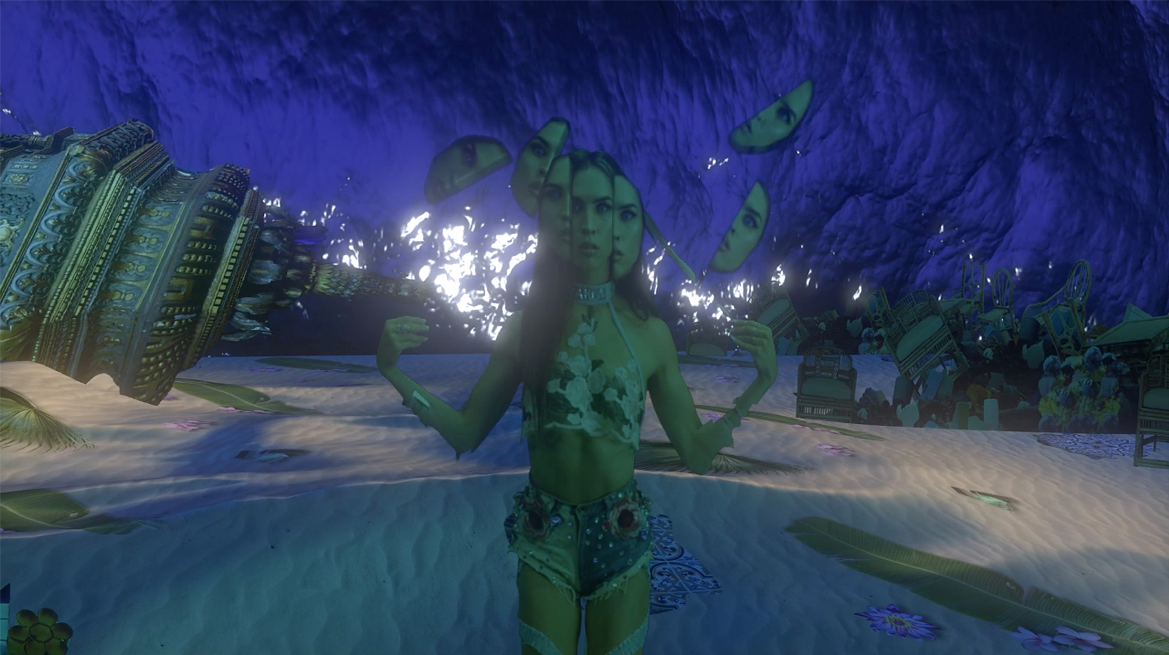 A digital figure standing in a surreal blue virtual landscape, surrounded by floating face-like forms and fantastical objects.