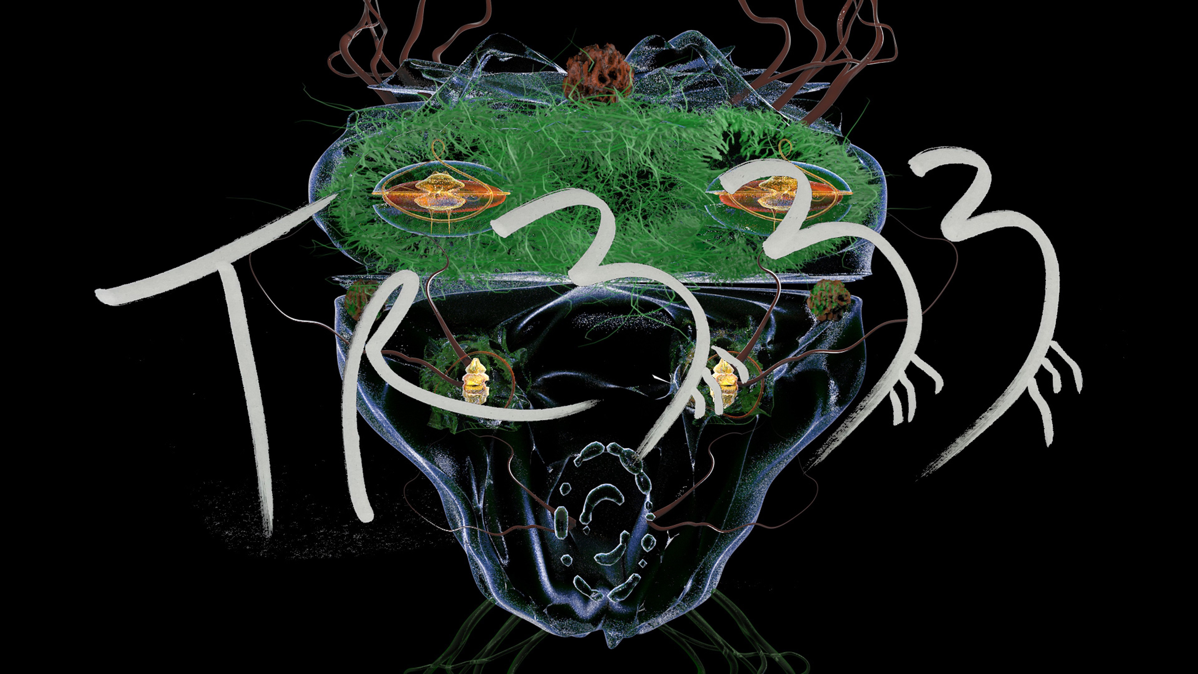An abstract digital image resembling a face, composed of organic textures, glowing forms and white hand-drawn marks against a black background.