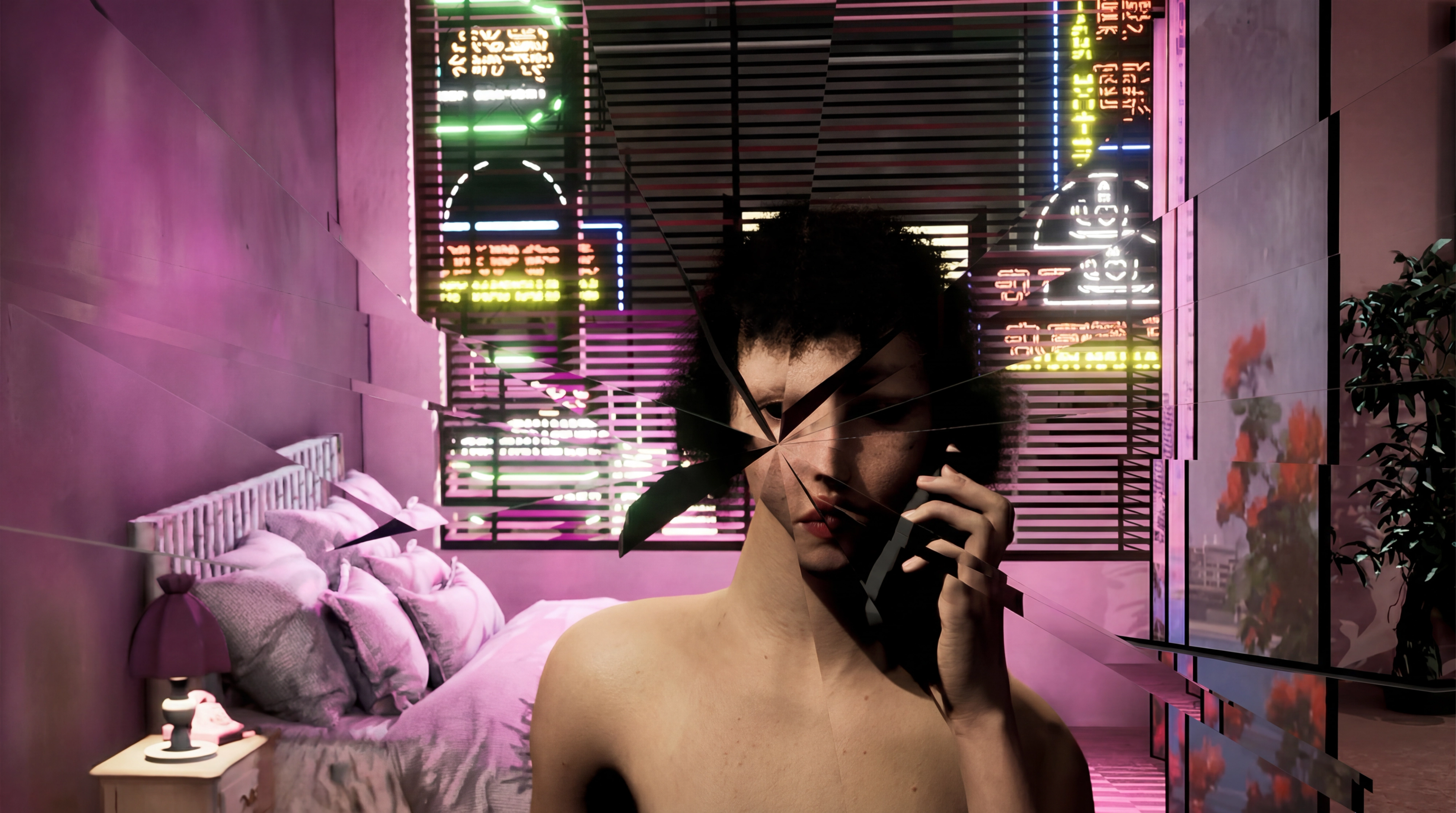 A person on the phone in a pink bedroom.