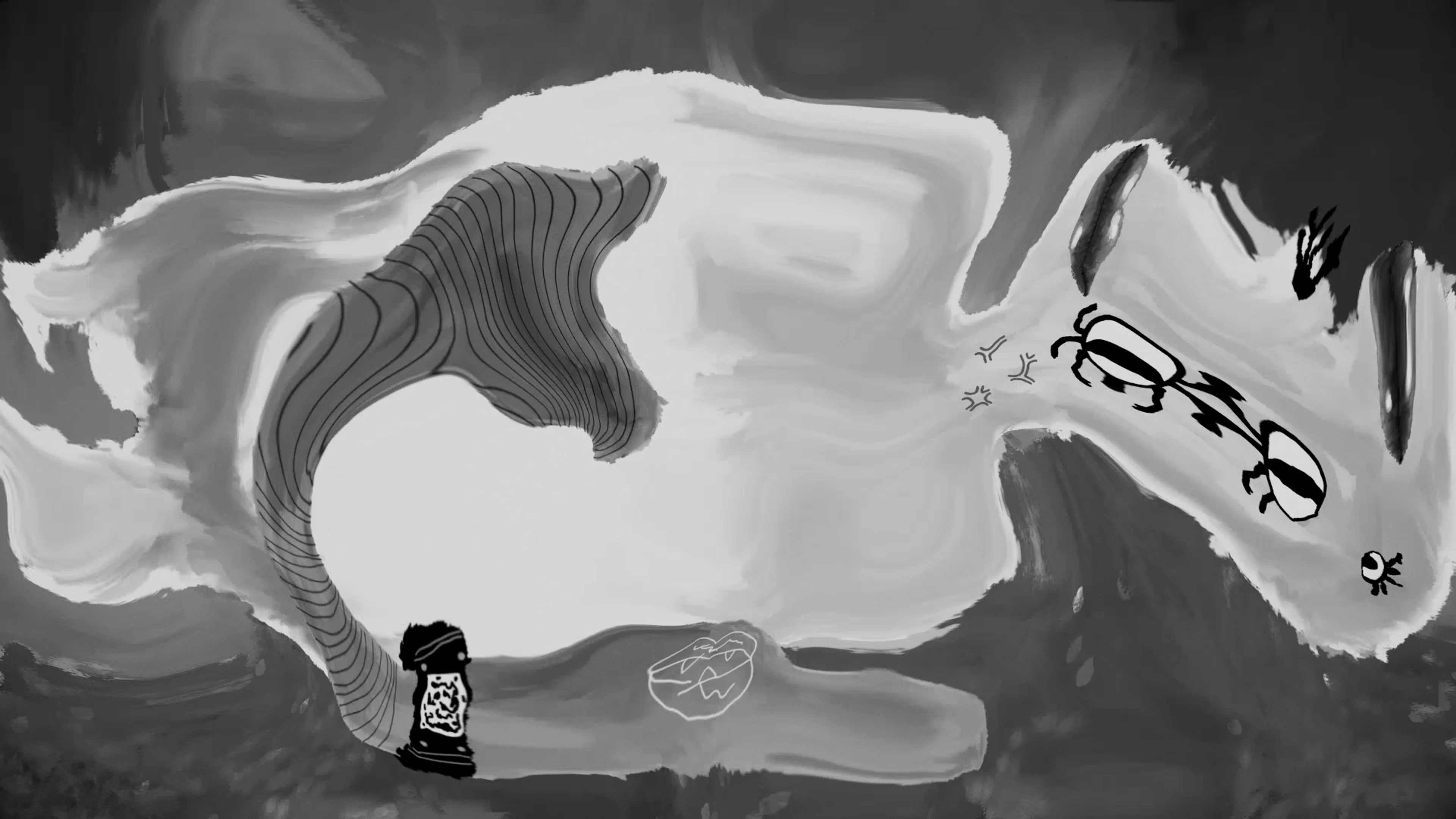 A monochrome hand-drawn figure lying on its side, with abstract markings across the face and body.