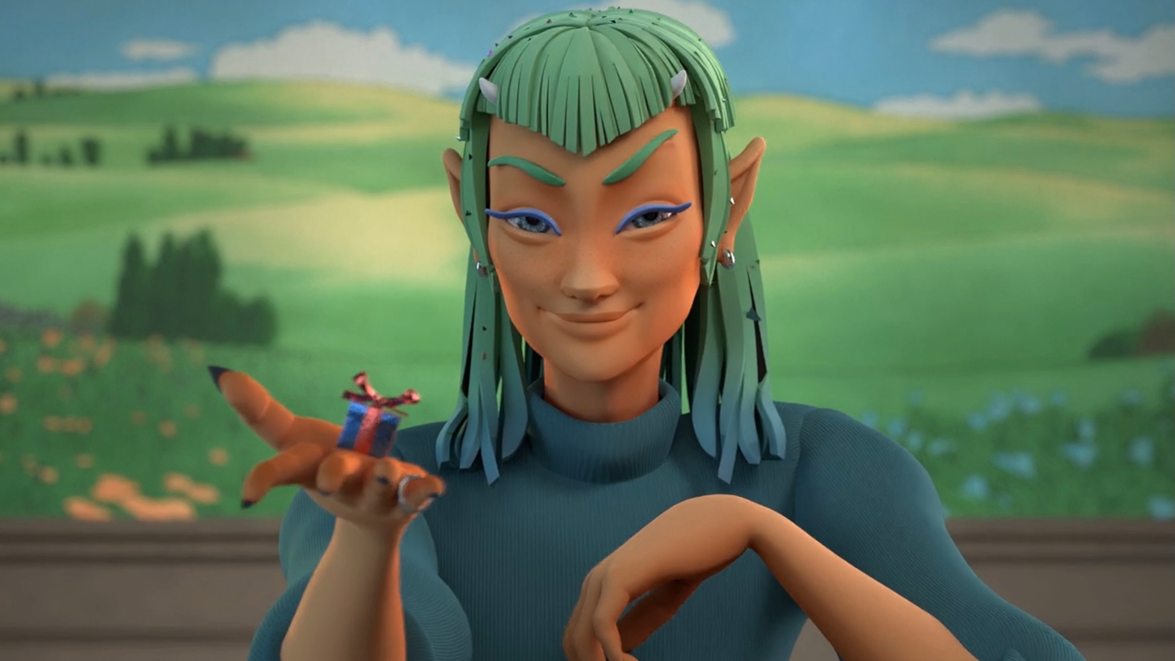 A stylised animated figure with green hair holding a tiny person in their hand against a pastoral landscape.
