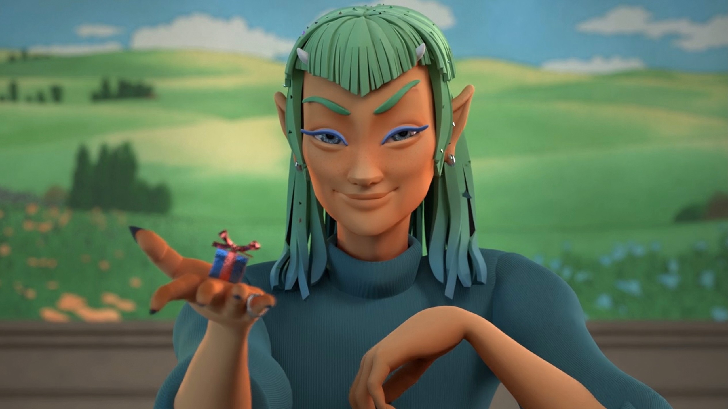 A stylised animated figure with green hair holding a tiny person in their hand against a pastoral landscape.