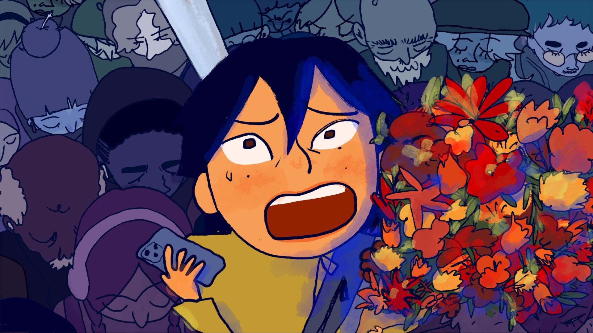 An animated person with a panicked expression holding a bouquet of flowers.