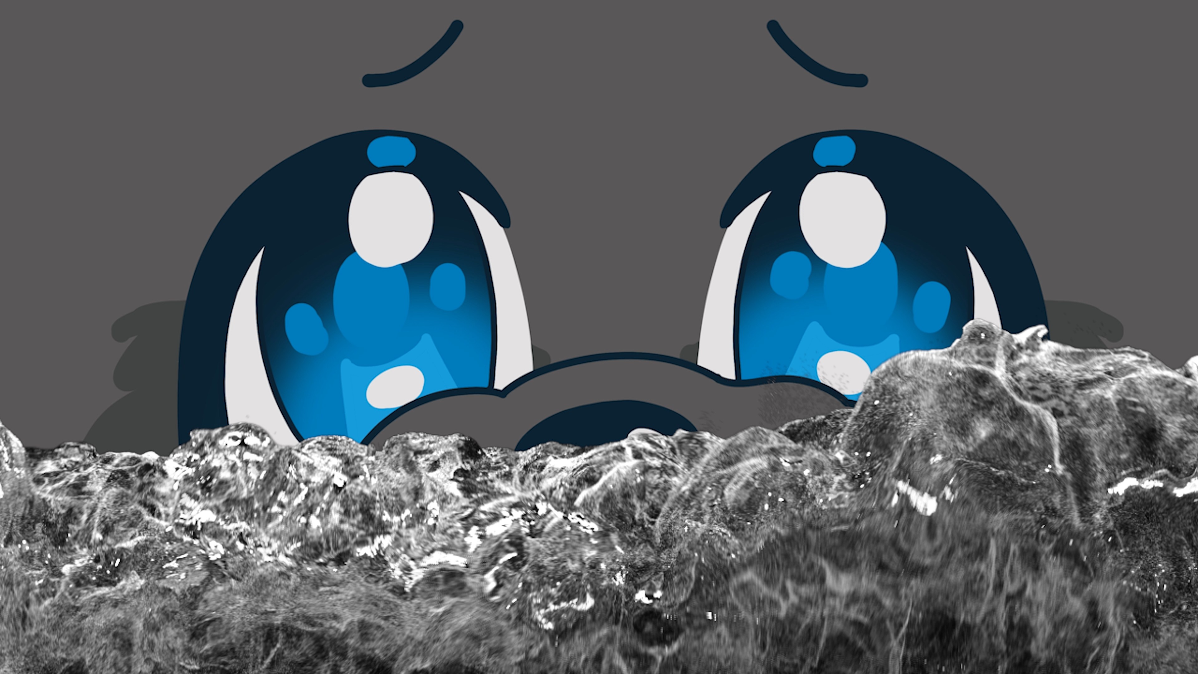 A cartoon face with large tear-filled blue eyes appears behind a black-and-white image of turbulent water.