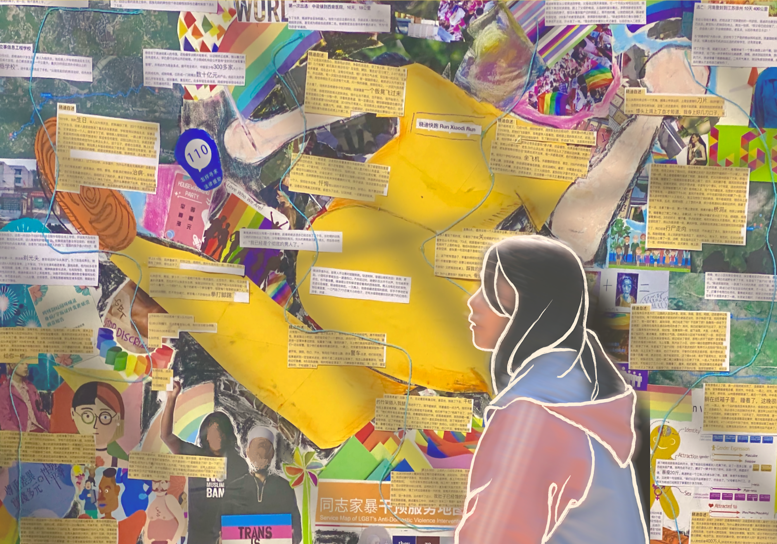 An illustrated figure in a headscarf stands before a dense collage of colourful images, maps and text fragments.
