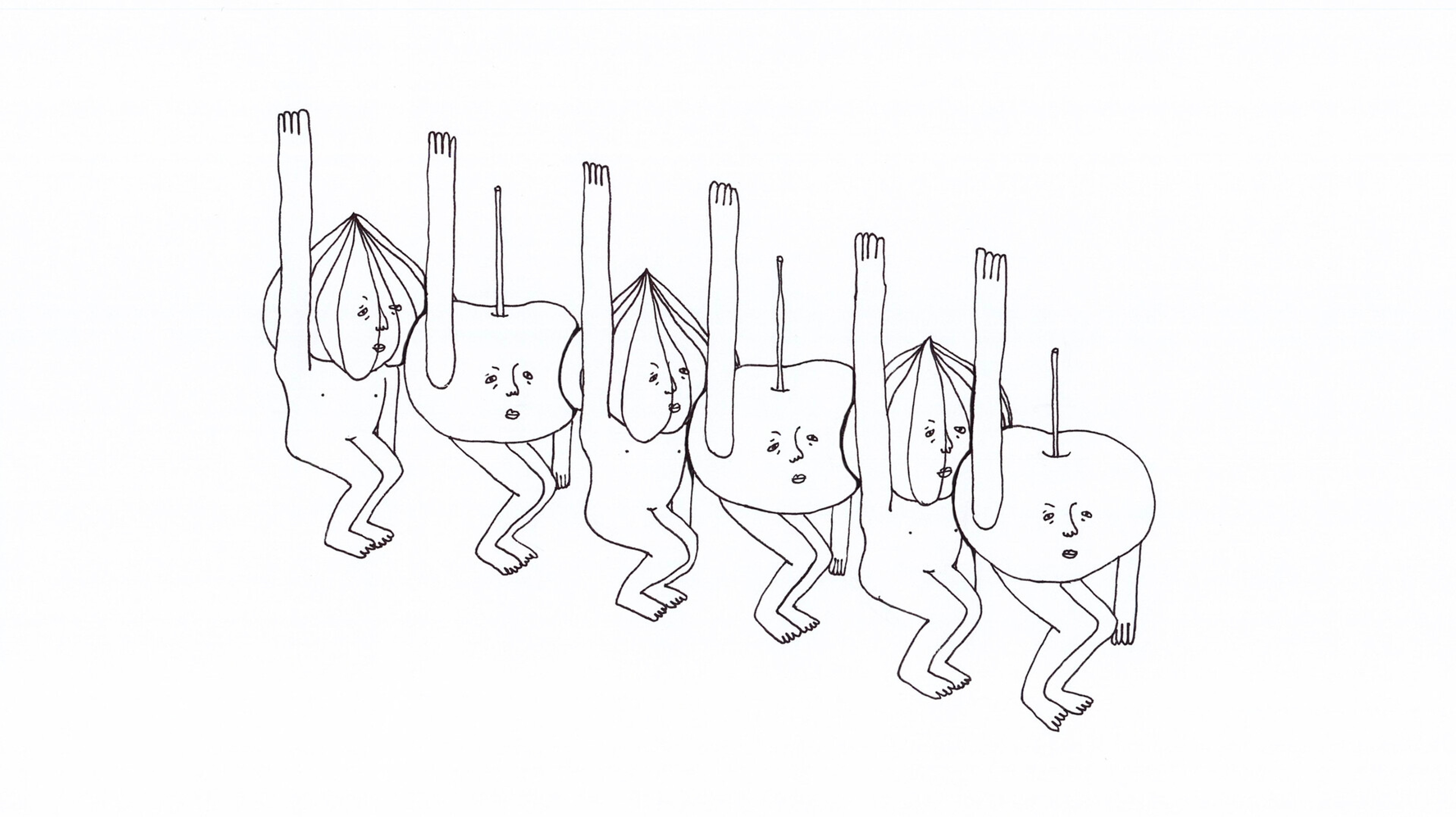 a row of dancing apples and onions