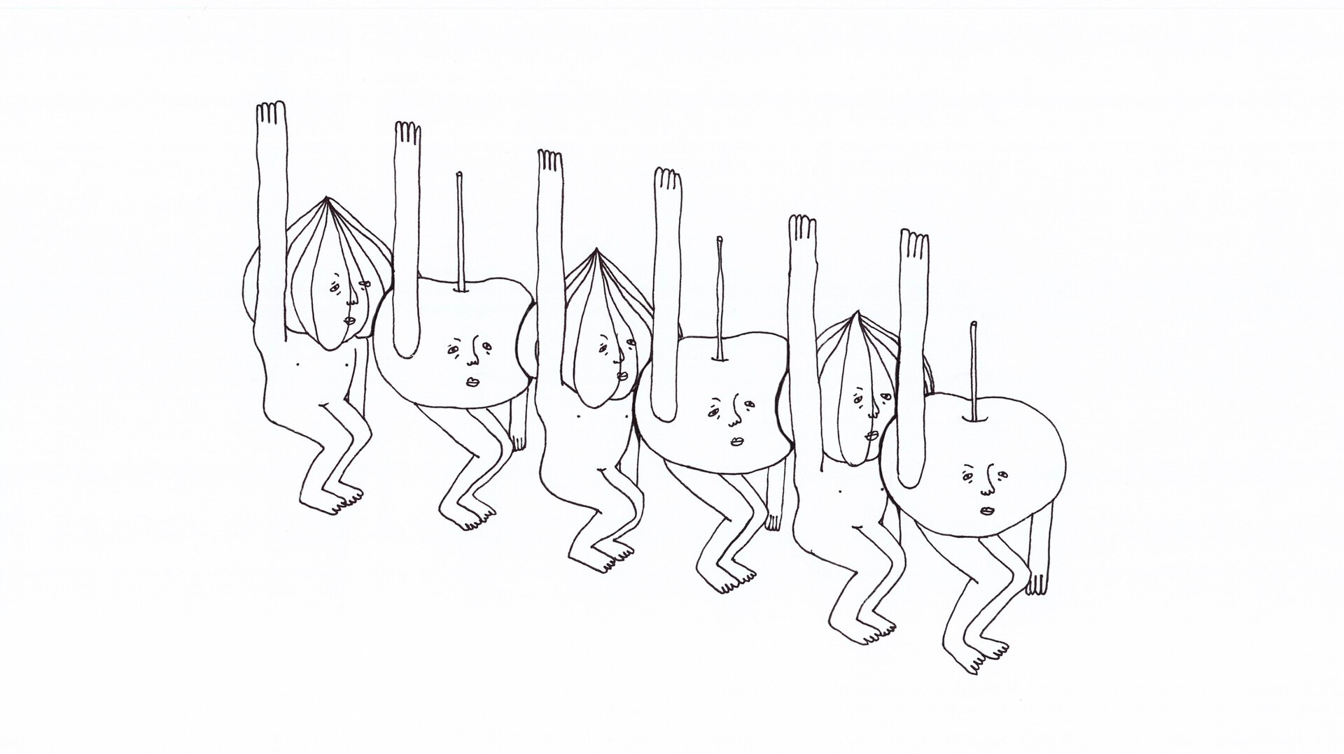 a row of dancing apples and onions