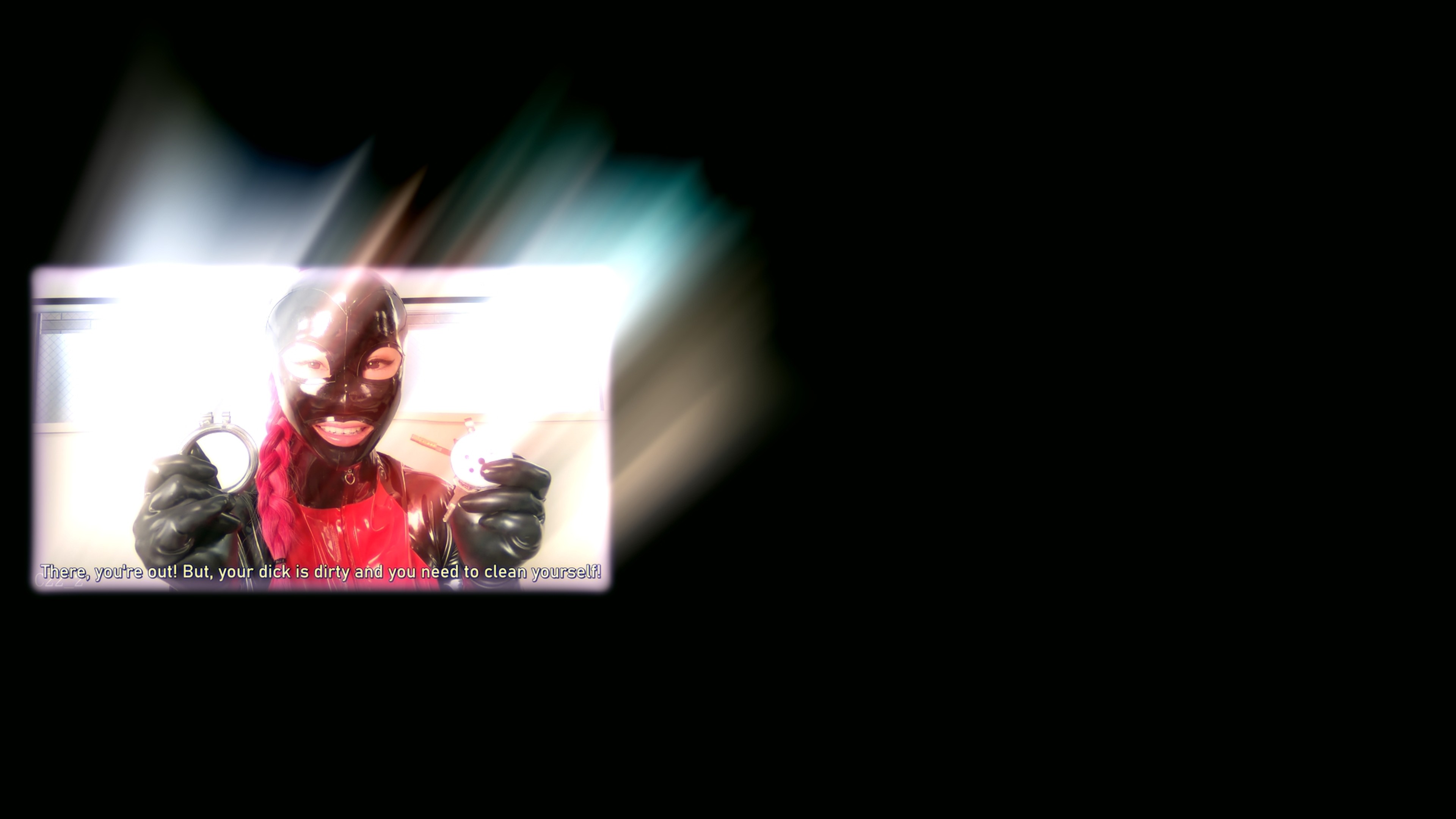A masked performer in red and black holding two circular objects, framed within a blurred, abstract digital composition.