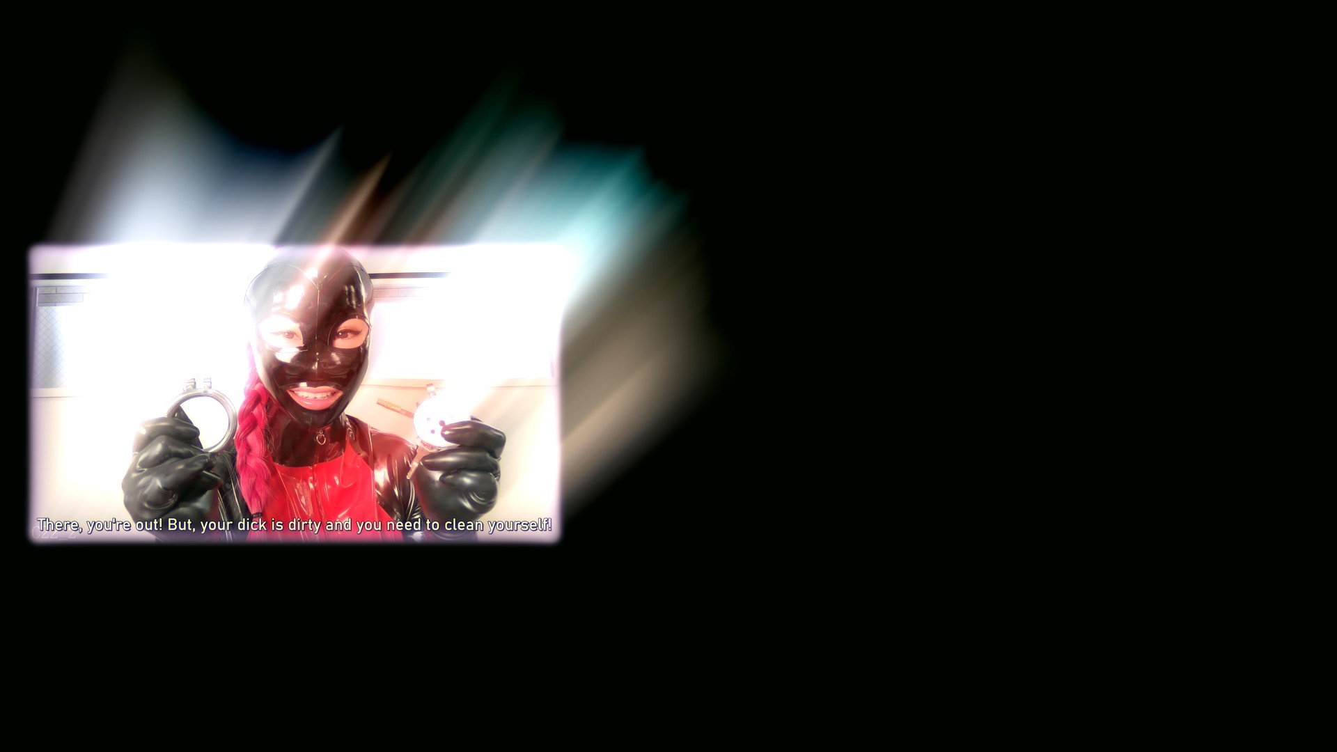 A masked performer in red and black holding two circular objects, framed within a blurred, abstract digital composition.