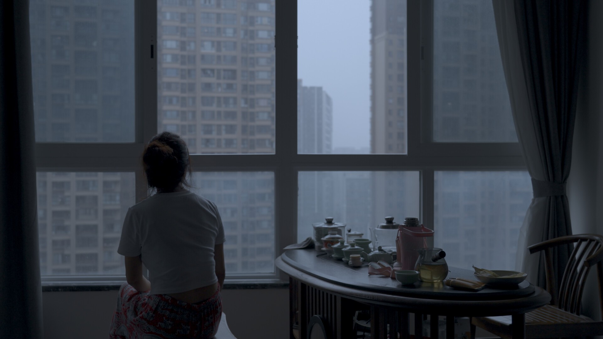 A woman sits gazing out the window.
