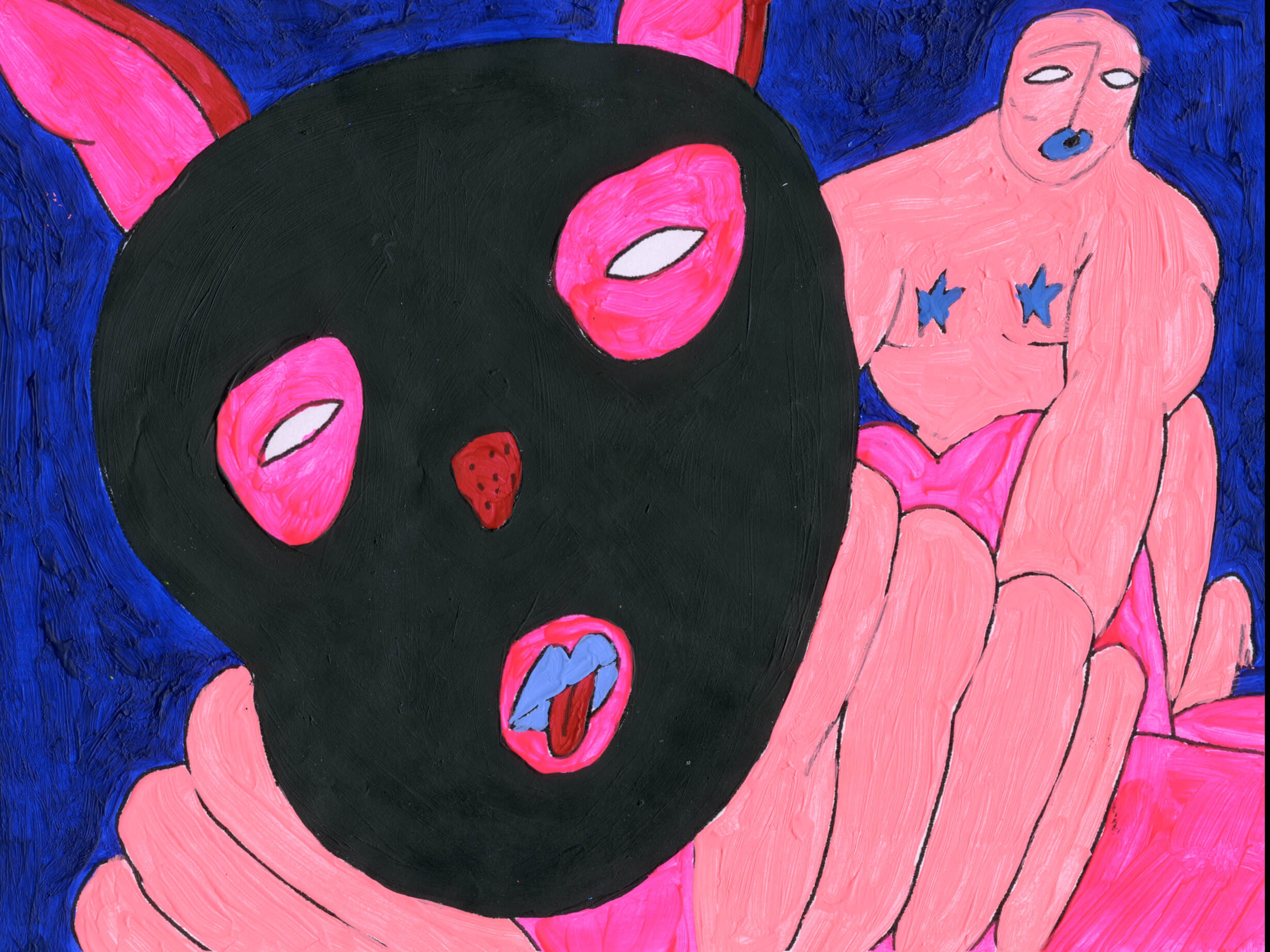 A drawing of a creature wearing a balaclava with a man's hands on their shoulders.