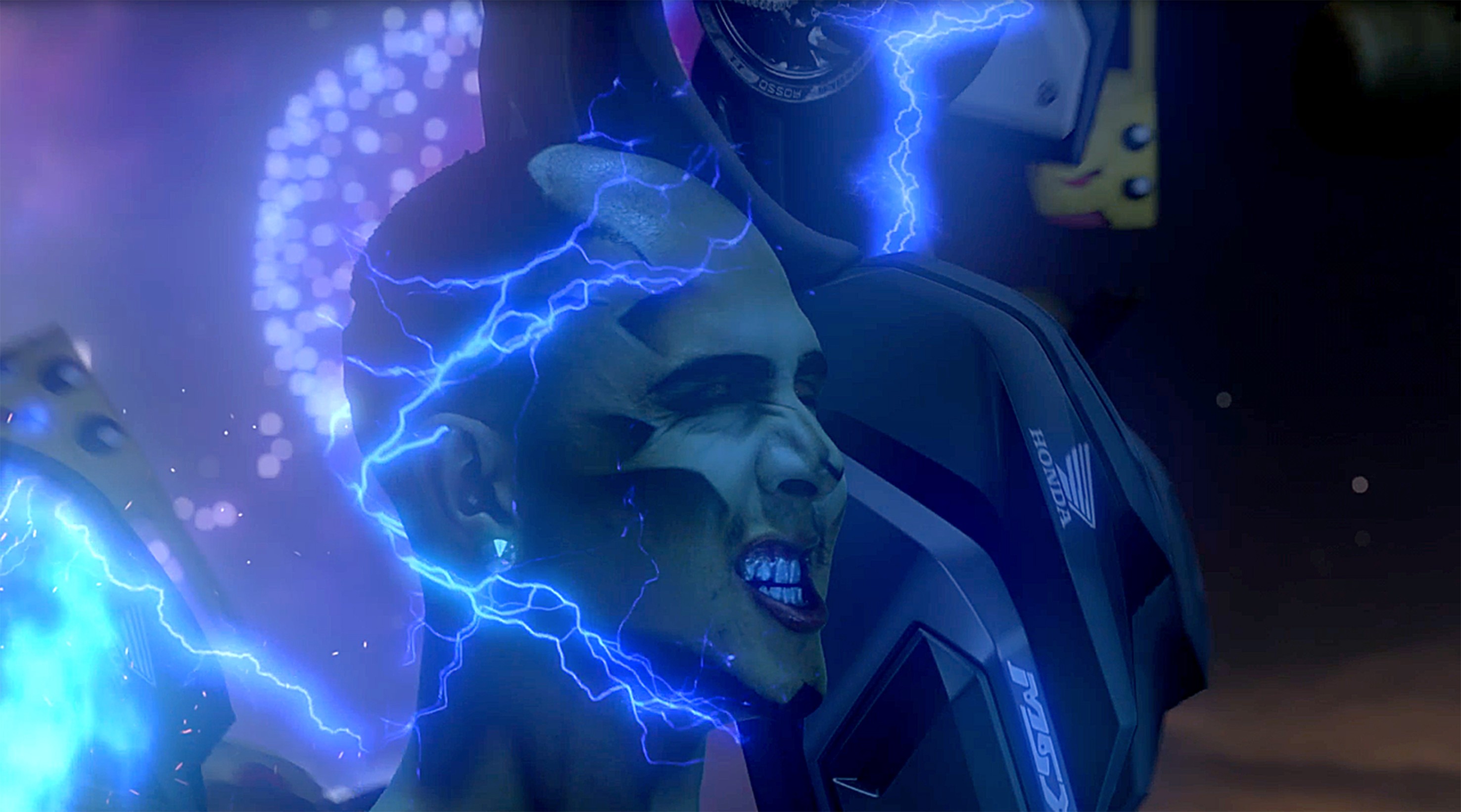 A person grimacing as blue electrical energy crackles around their head beside a futuristic machine.