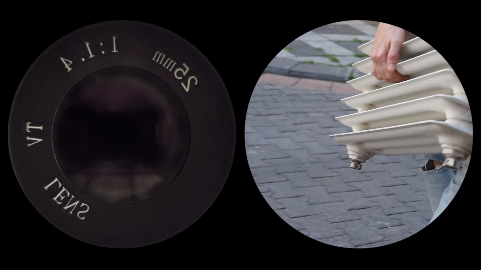 Two circles, the left is a camera lens, and the right is a hand carrying a radiator.