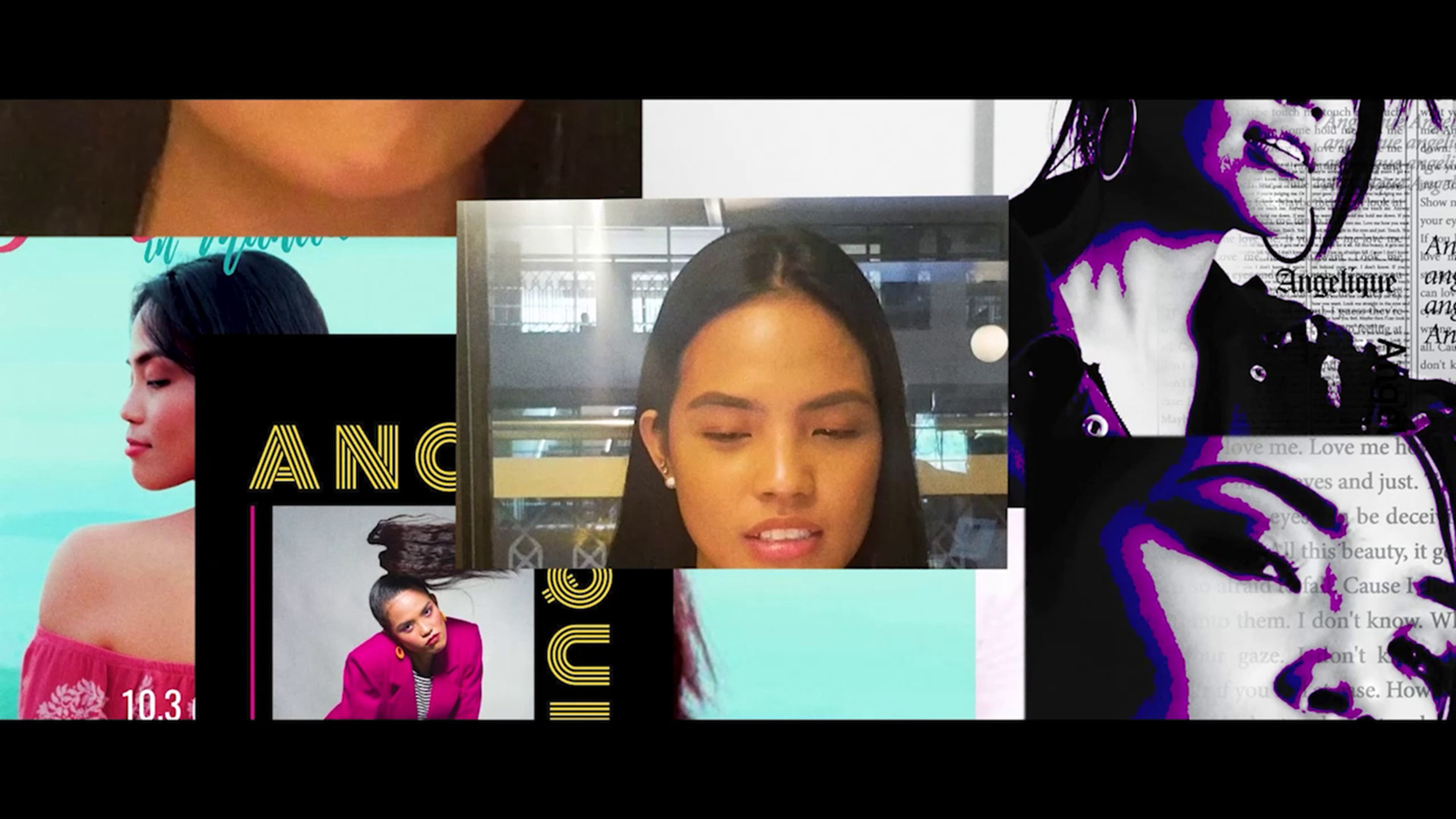 A layered digital collage combining portraits of women, video stills, text and graphic elements.
