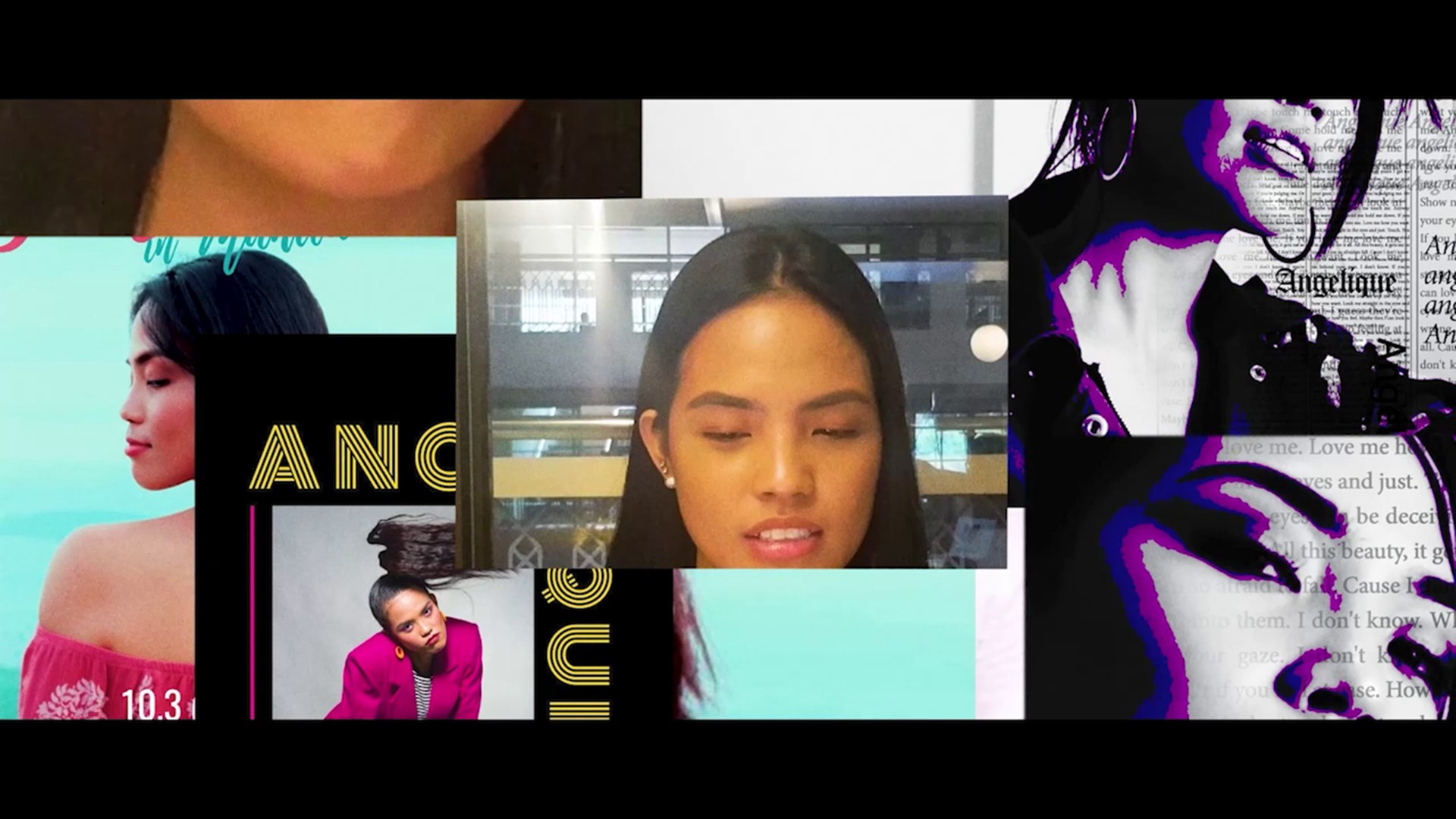 A layered digital collage combining portraits of women, video stills, text and graphic elements.
