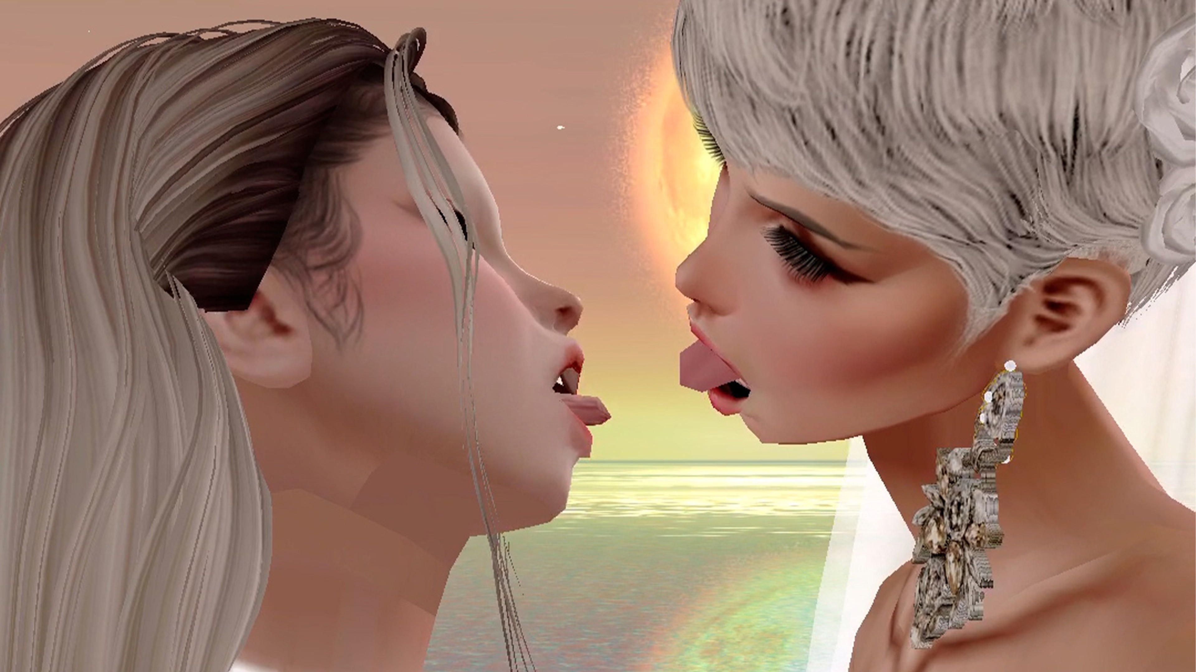 Two digitally rendered women leaning toward each other with their tongues extended against a sunset backdrop.