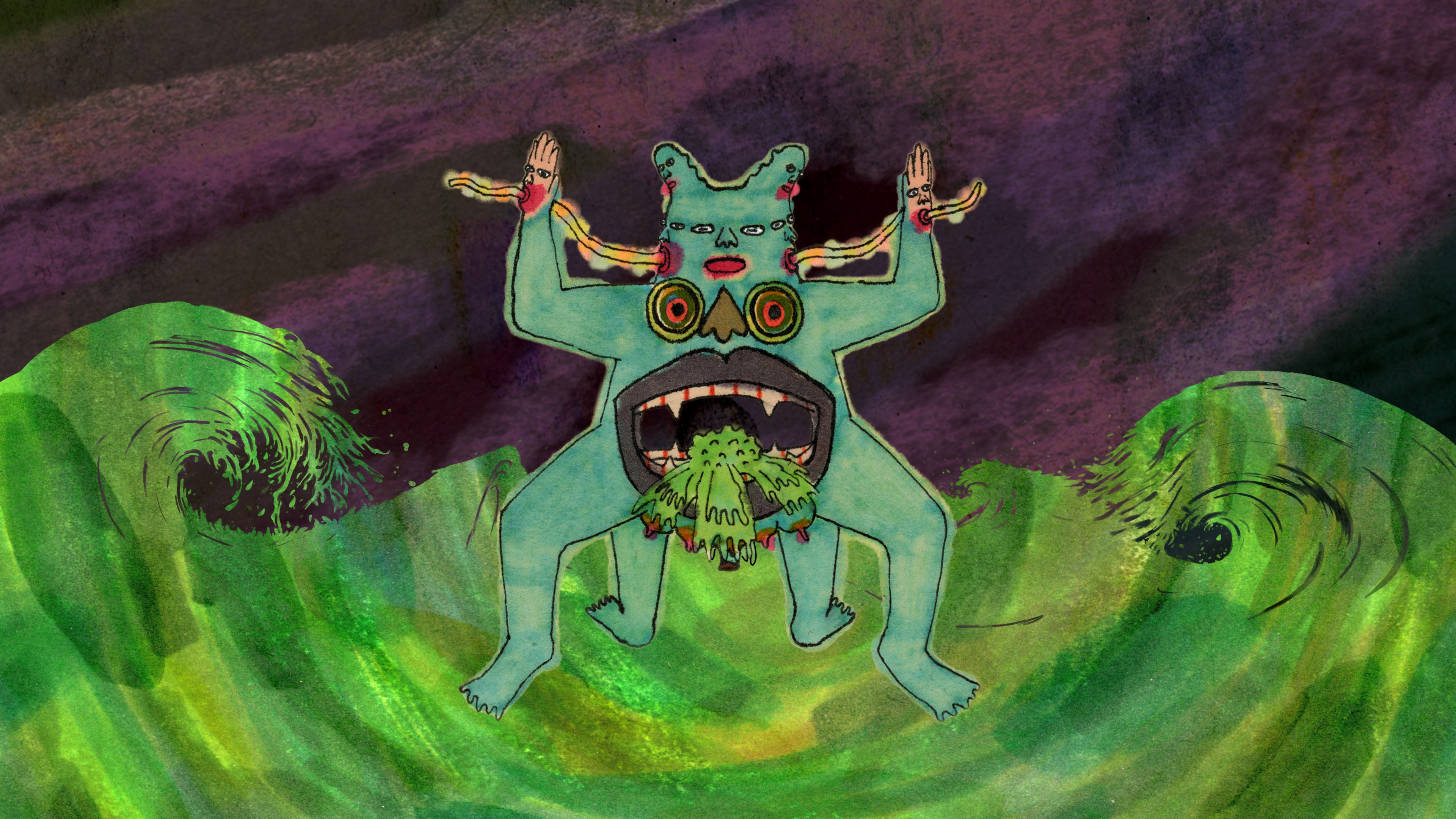 An illustration of a blue bear-like creature with a face in its belly.
