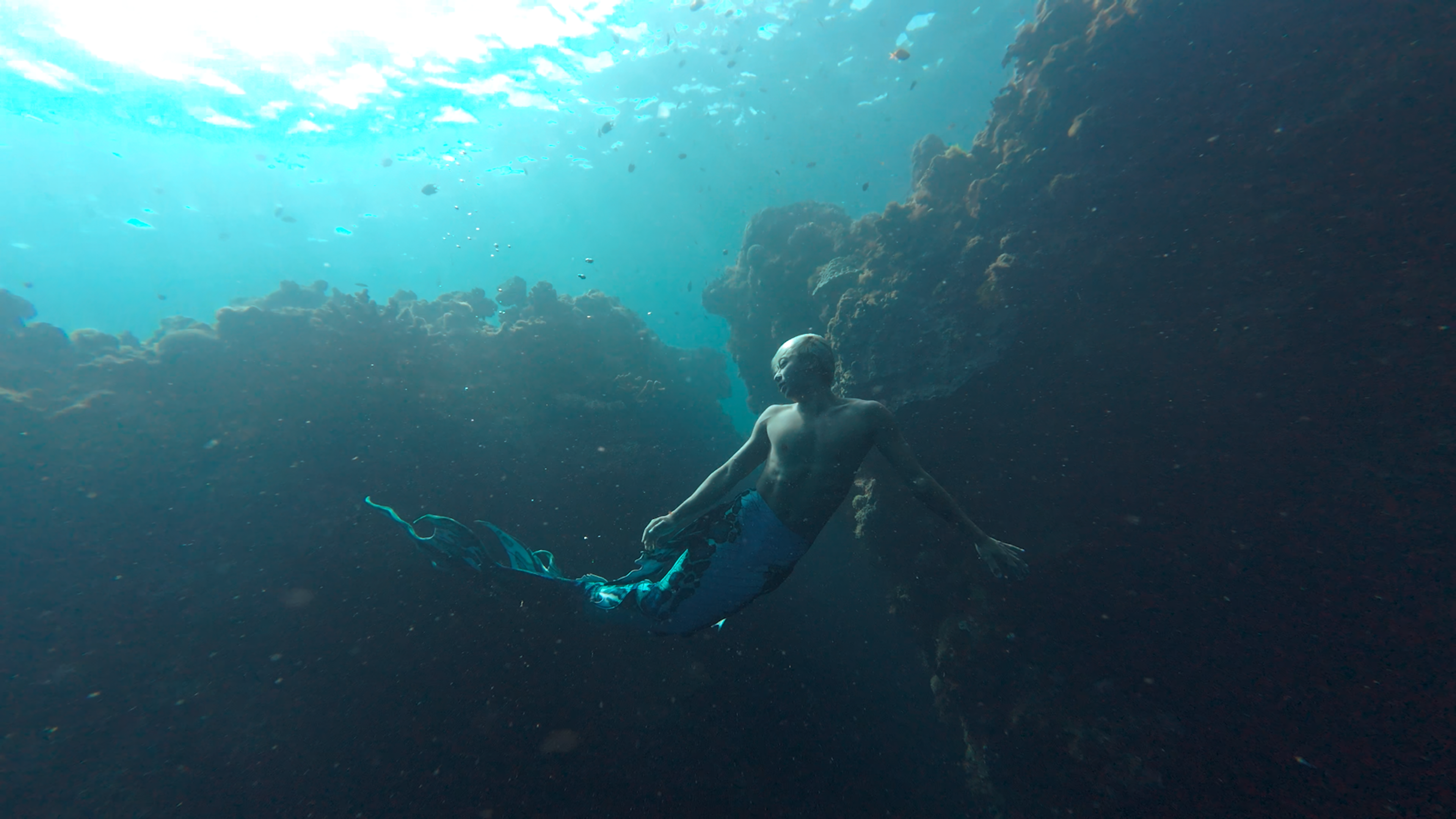 Person swimming underwater beside a coral reef.