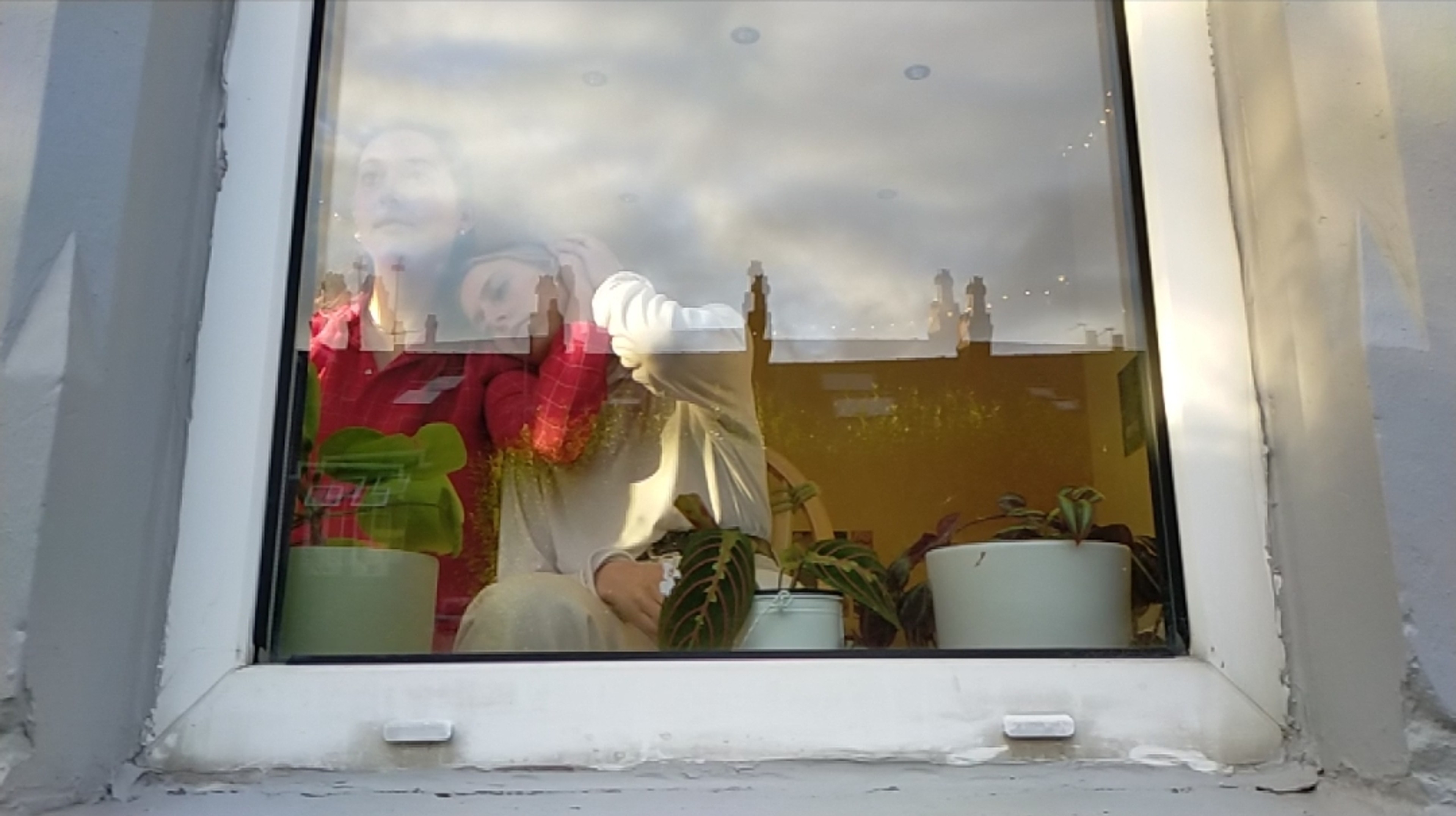 Two people standing closely together behind a window, partially obscured by reflections, with potted plants on the sill.