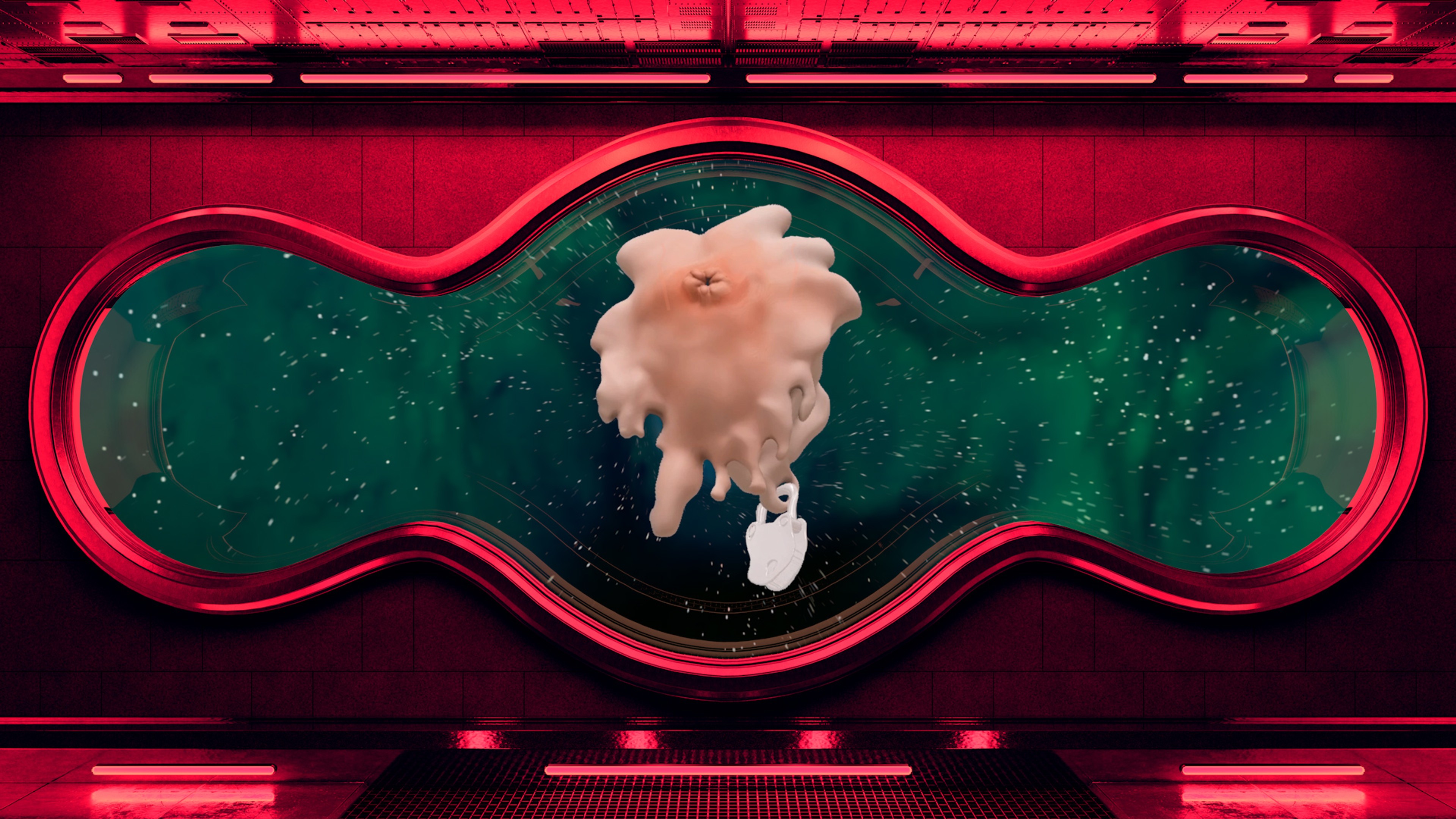 An abstract pink organic form floating inside a futuristic green chamber framed by glowing red lights.