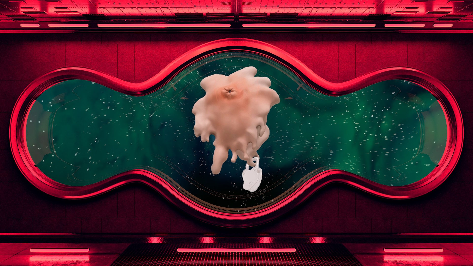 An abstract pink organic form floating inside a futuristic green chamber framed by glowing red lights.