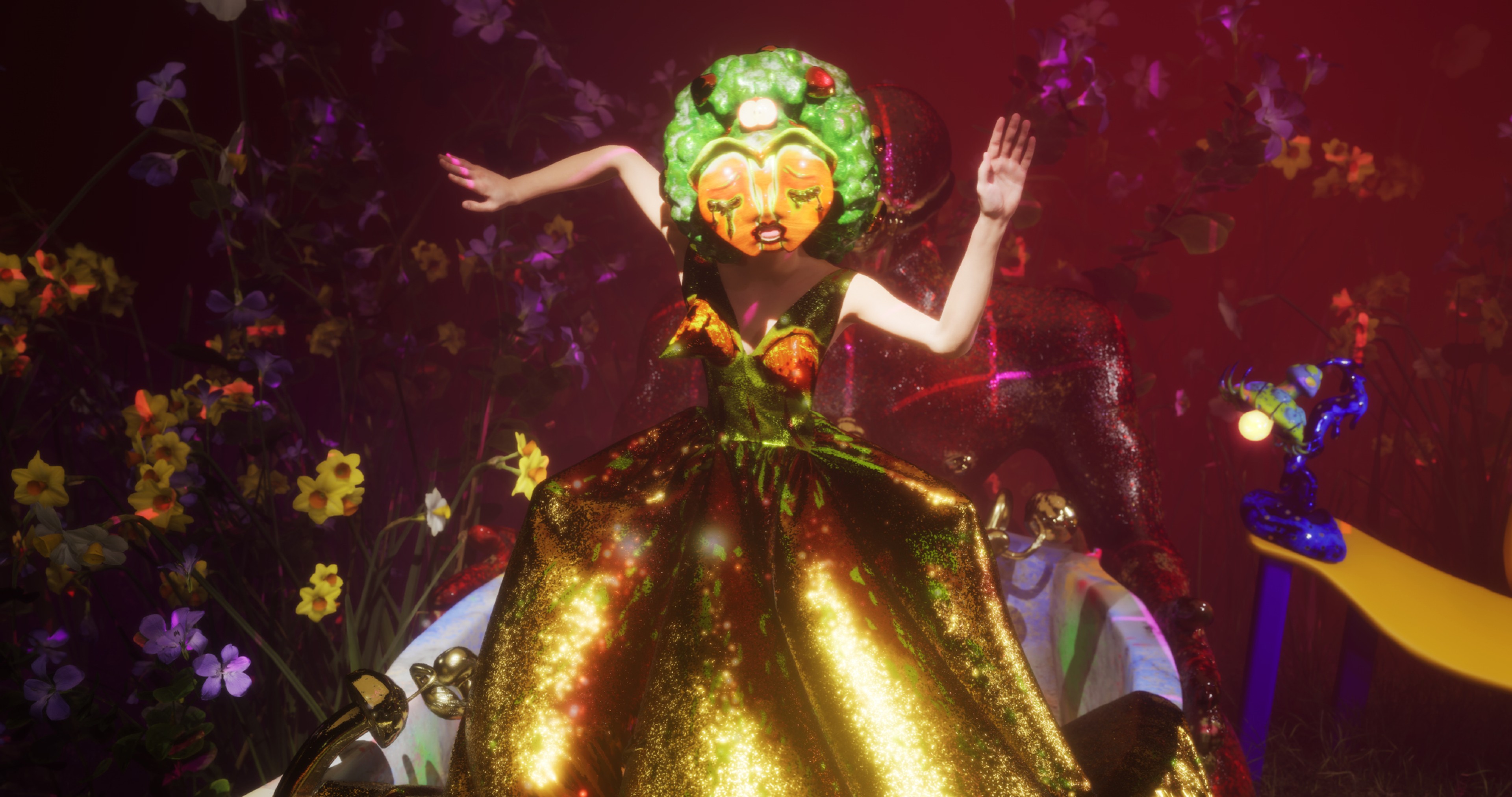 A person wearing a golden dress.