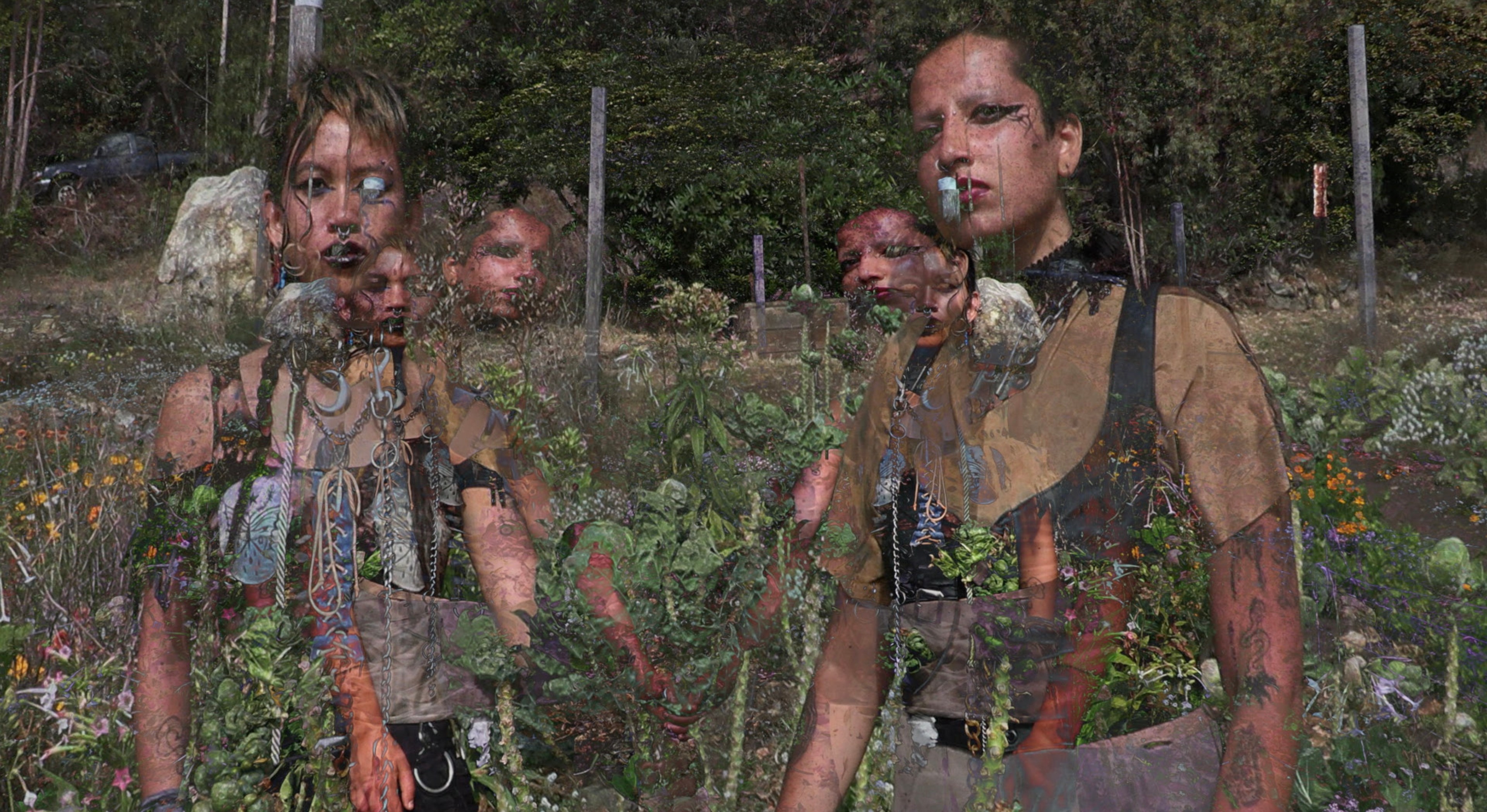Two figures standing in a field with glitched images of themselves superimposed.