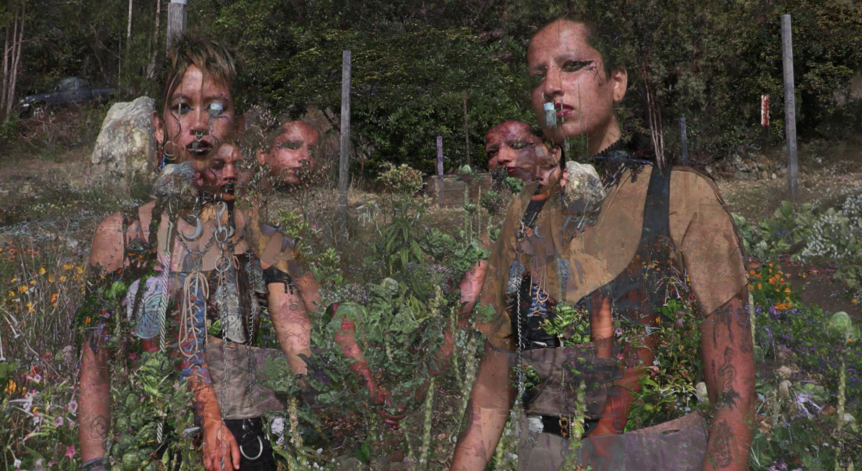 Two figures standing in a field with glitched images of themselves superimposed.