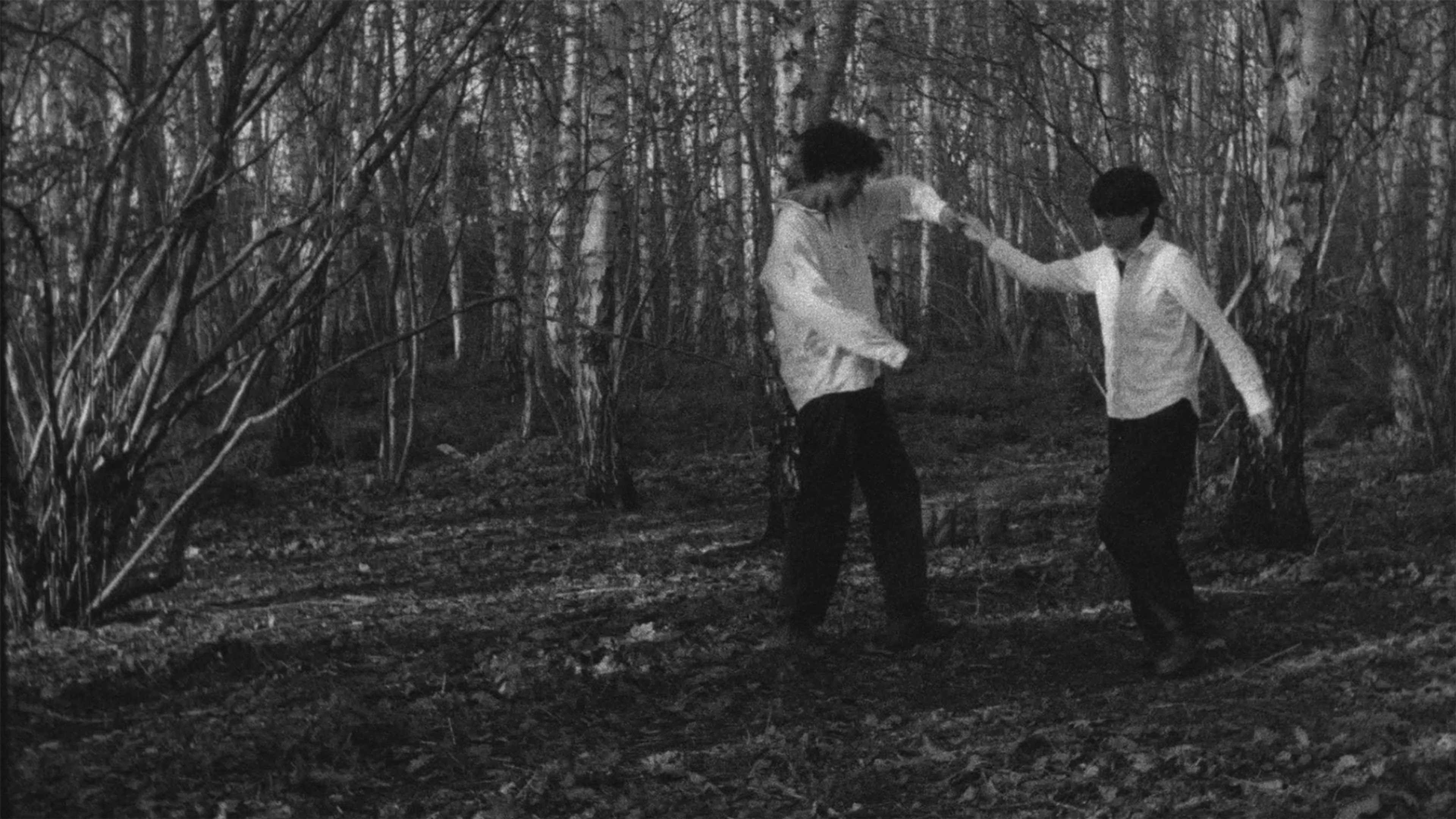 Two people hold hands in a forest.