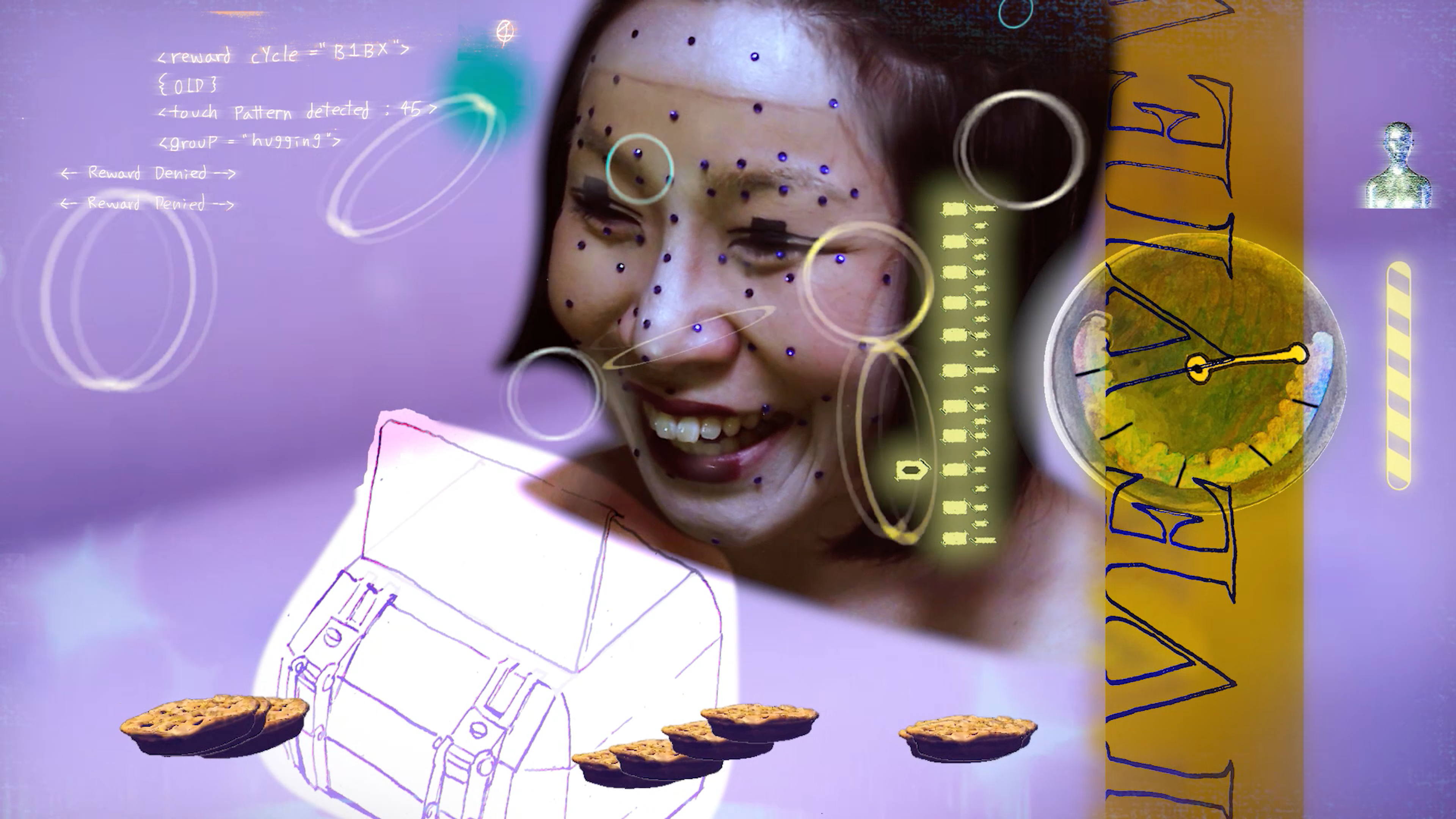 A smiling woman overlaid with digital interface graphics, diagrams and floating objects in a purple-toned collage.