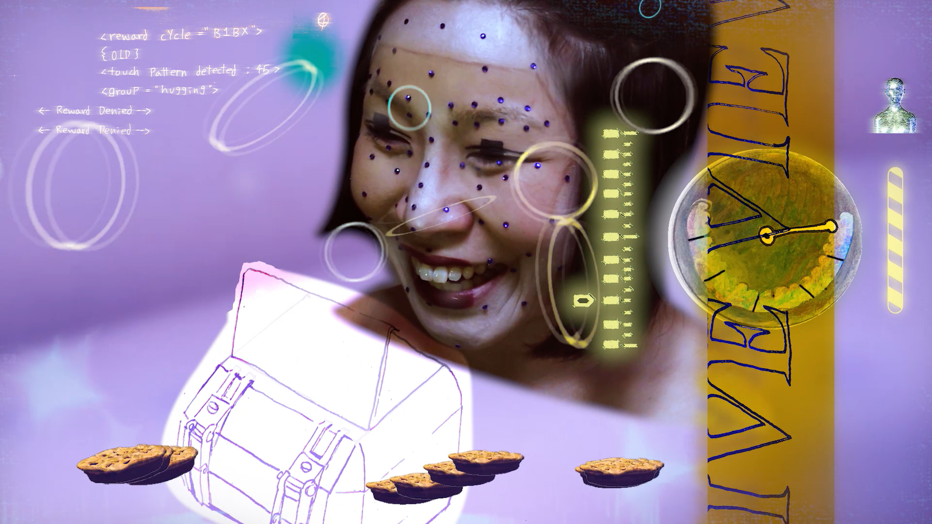 A smiling woman overlaid with digital interface graphics, diagrams and floating objects in a purple-toned collage.