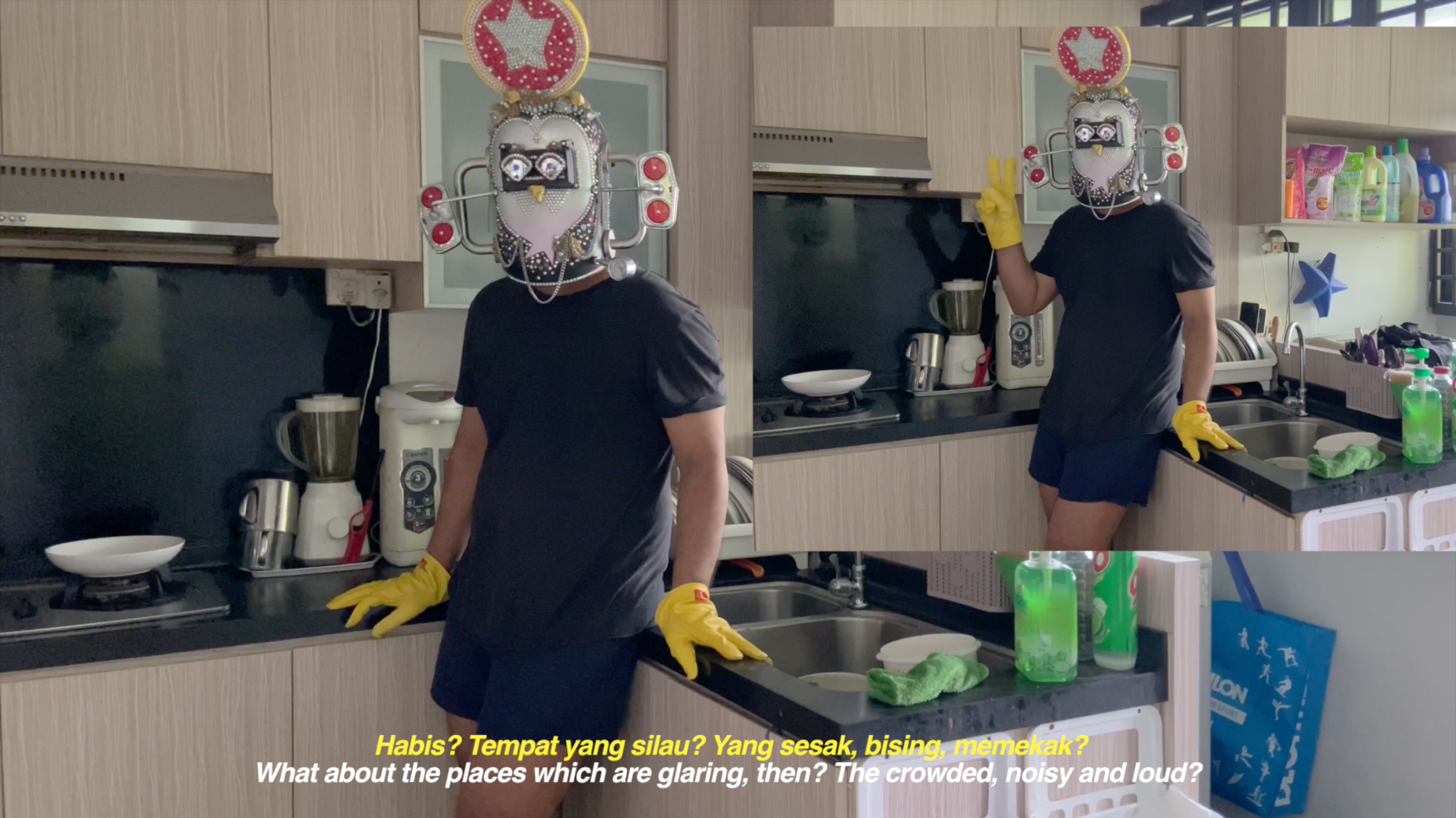 A person wearing an elaborate mask and yellow gloves standing in a kitchen, shown twice in a split-screen composition.