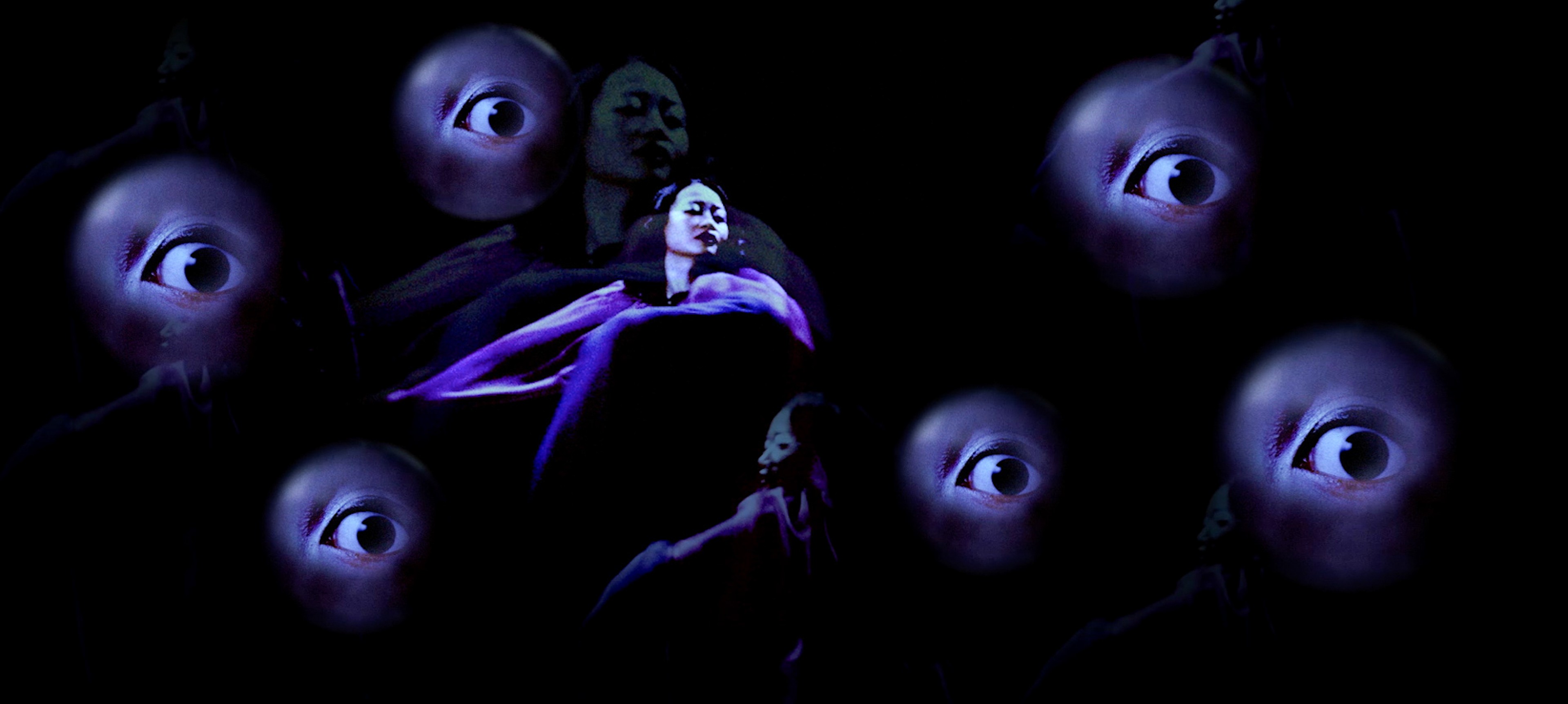 A dark, surreal composition of floating eyes surrounding overlapping figures illuminated in purple light.