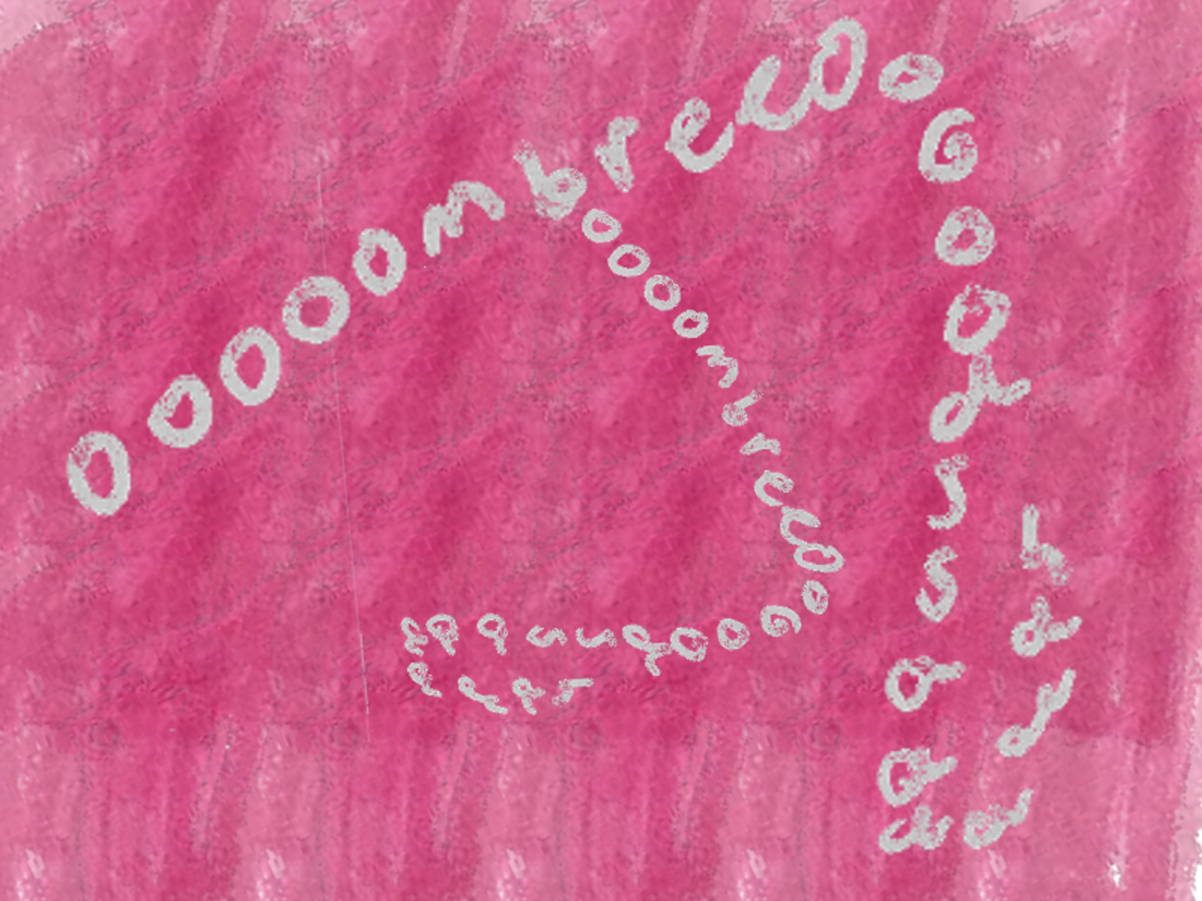 A pink hand-drawn spiral composed of repeated white lettering on a textured background.