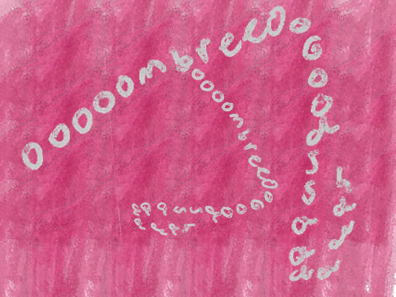 A pink hand-drawn spiral composed of repeated white lettering on a textured background.