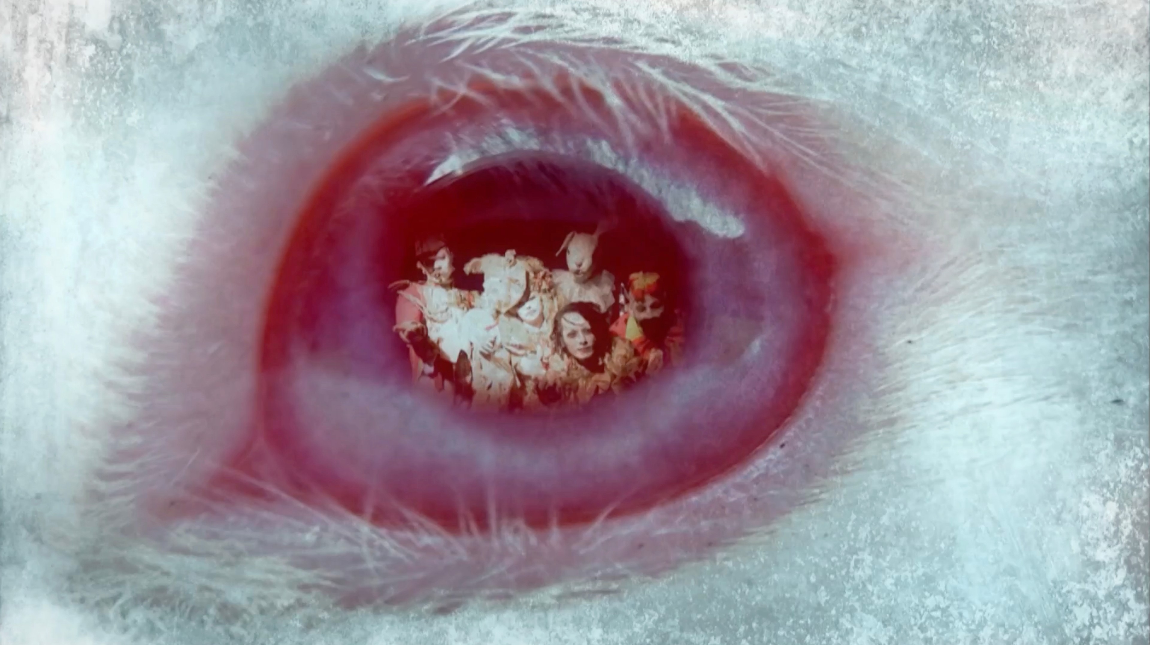 a group of figures are reflected in a red eye.