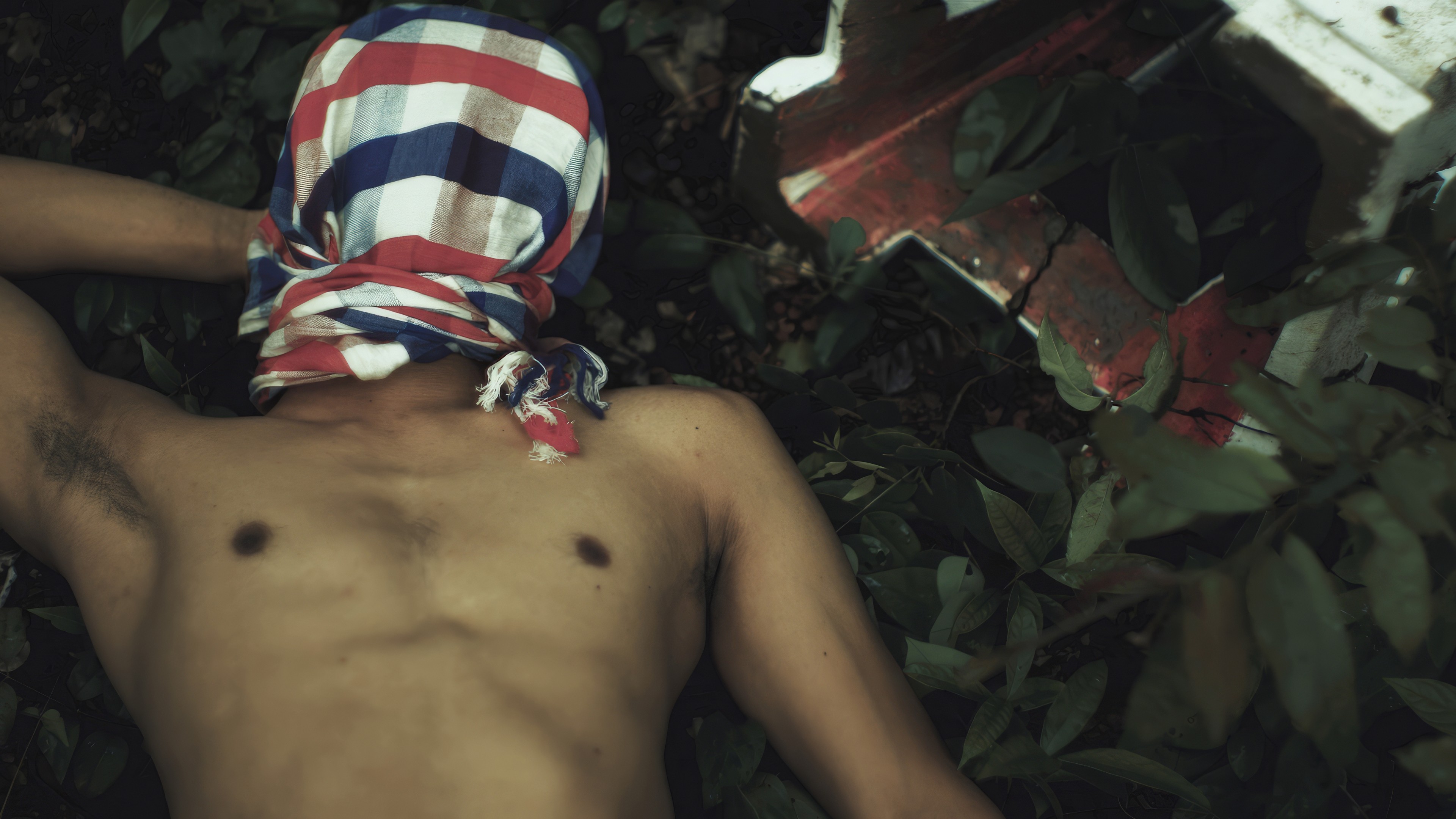 A shirtless person lying among foliage with a red, white and blue cloth covering their face.