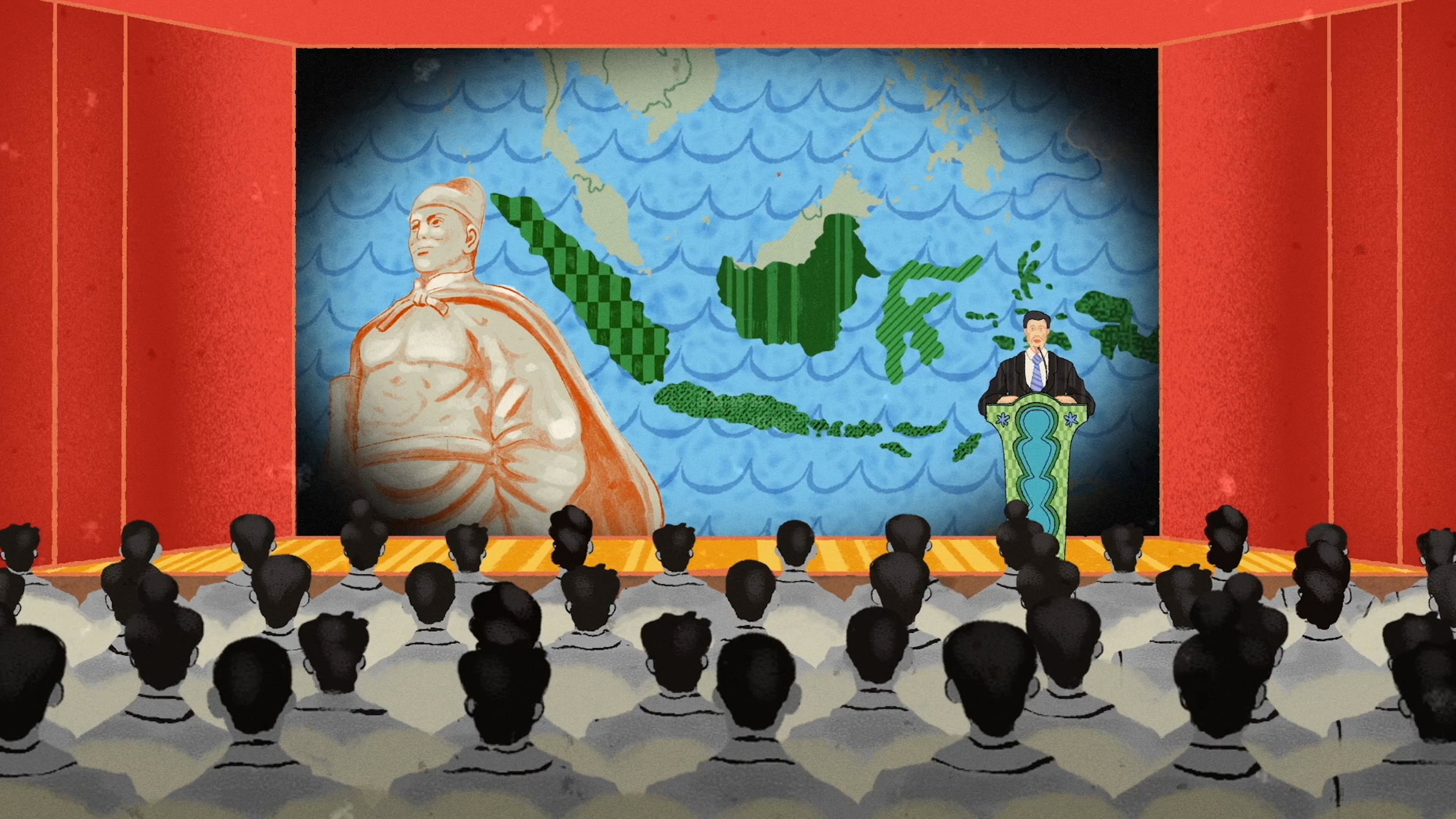 An illustrated audience watching a speaker on stage beside a large statue and a map of Southeast Asia.