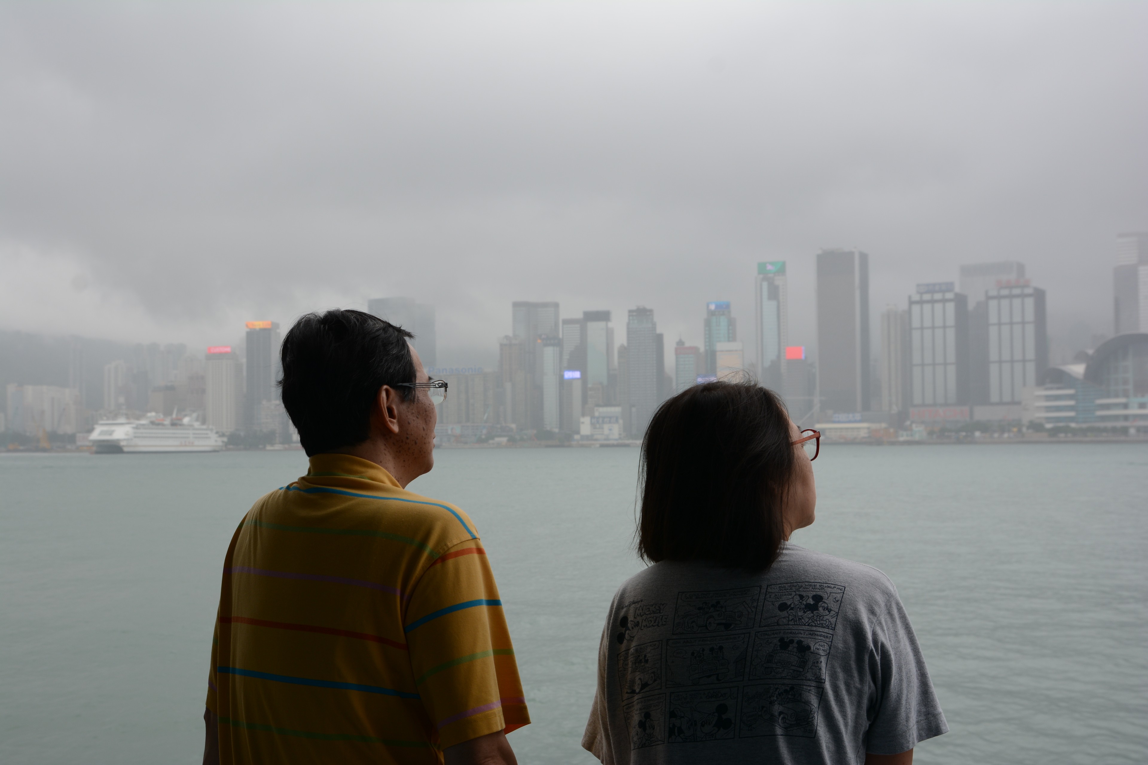 Two people look towards a misty skyline.