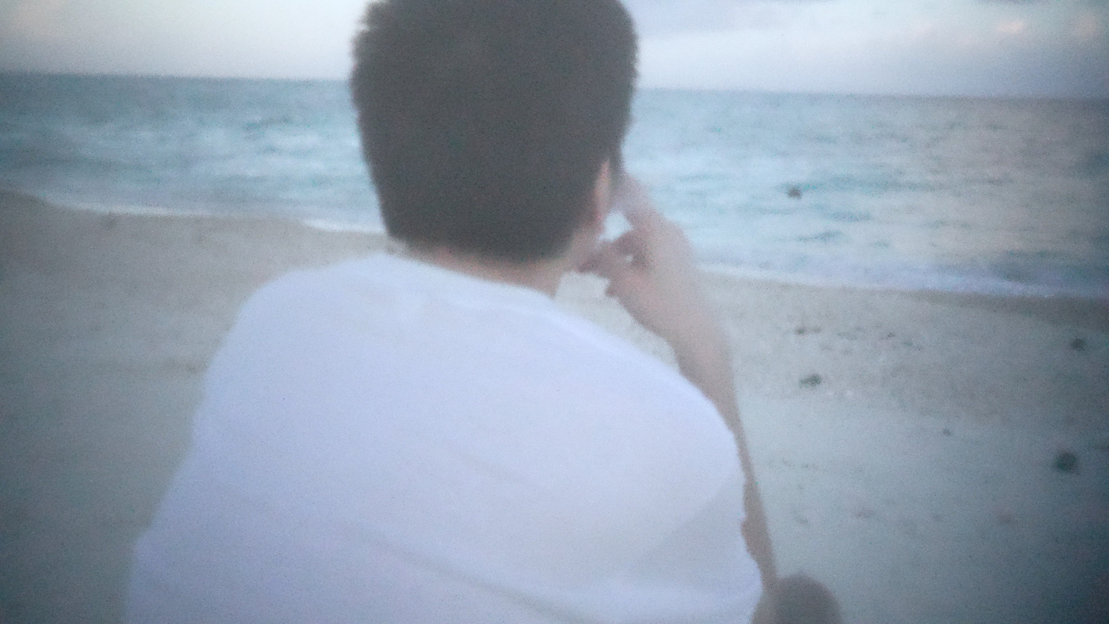 The back of a person's head set against the ocean.