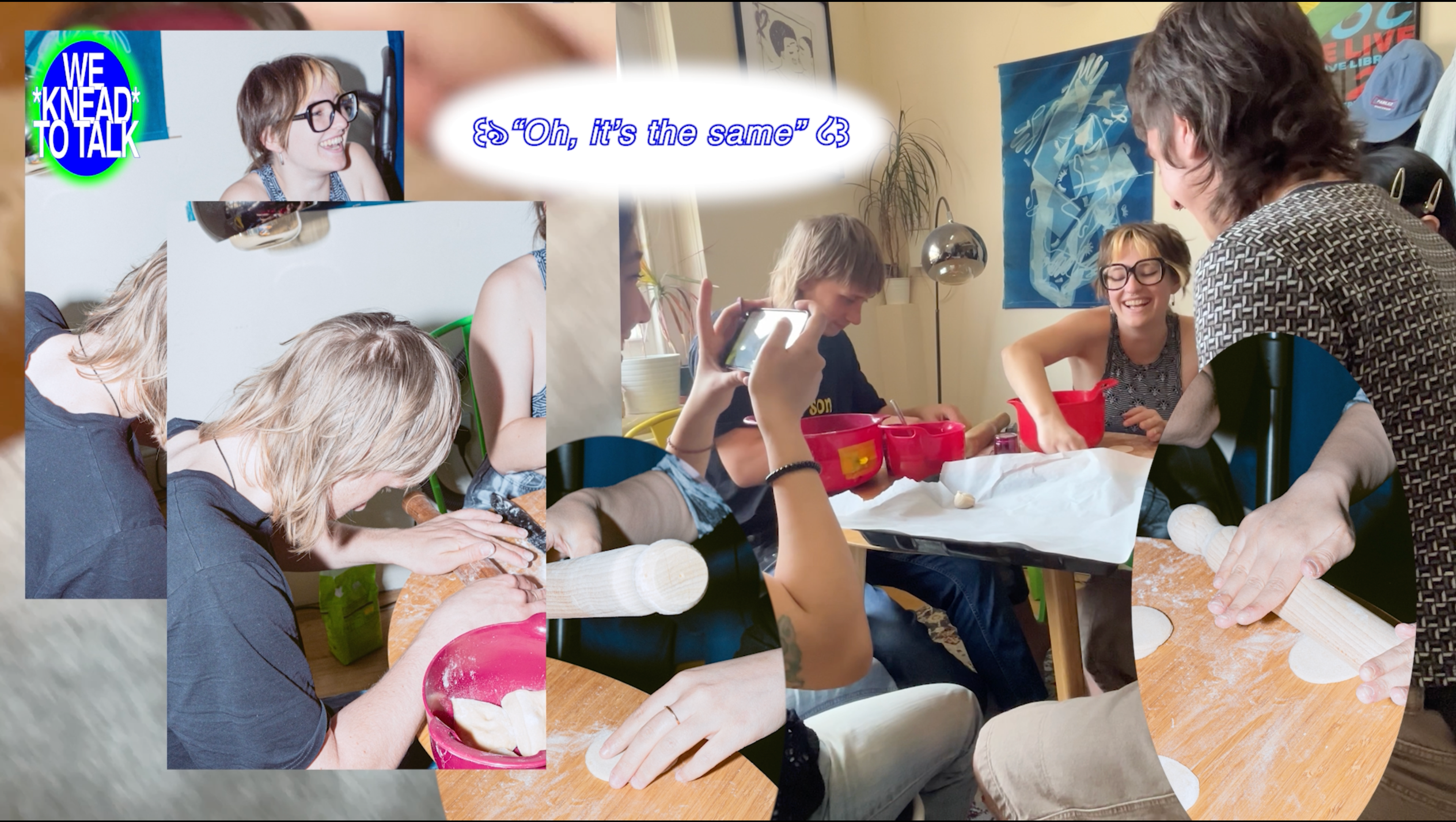 A collage of friends gathered around a table making dumplings together, with overlapping snapshots and text from We KNEAD to Talk.