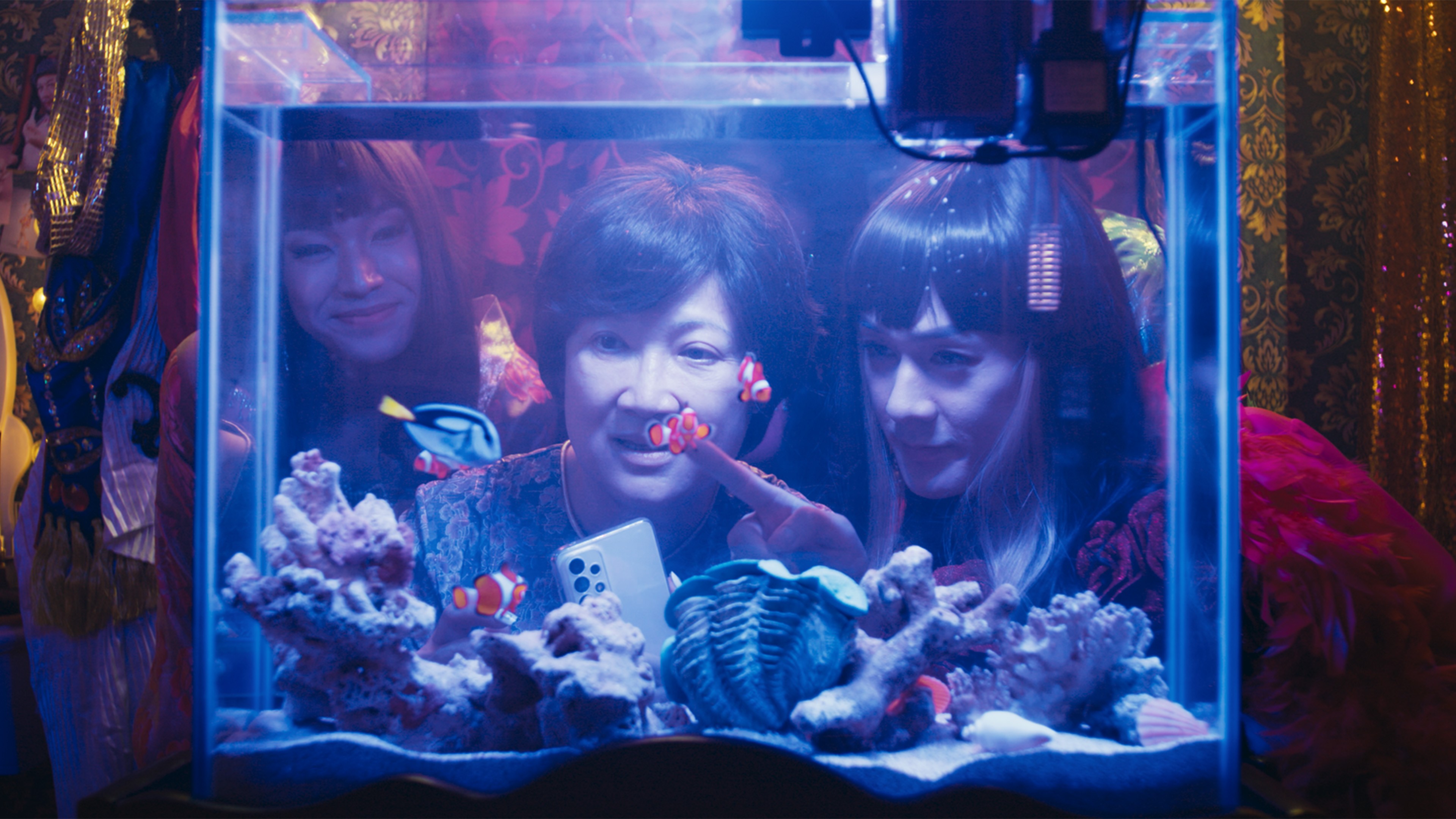 Three people looking into a brightly lit aquarium with clownfish and coral.